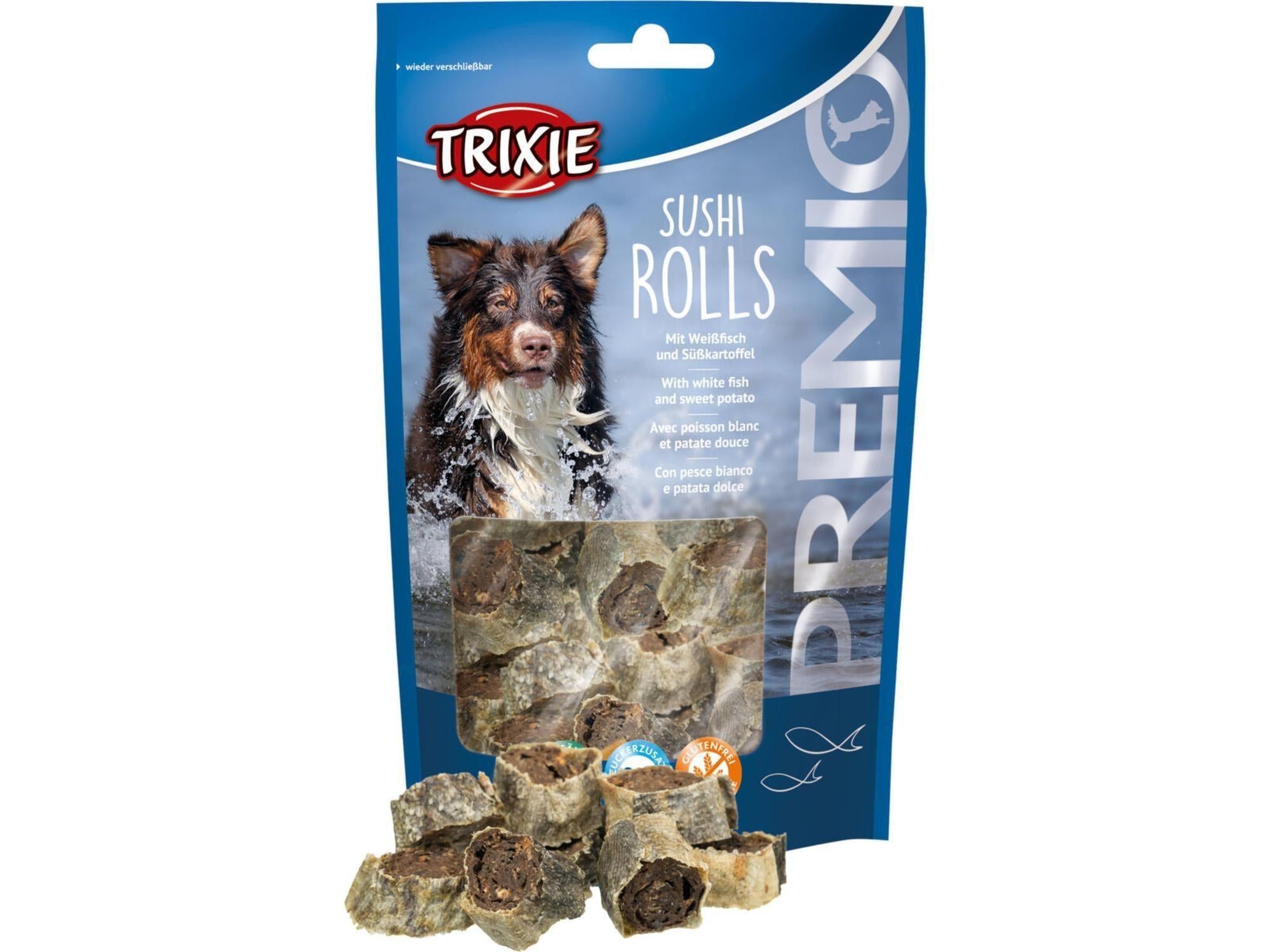 Trixie Premio Sushi Rolls med hvit fisk, en blå pose med en hund og fiskegodbiter.