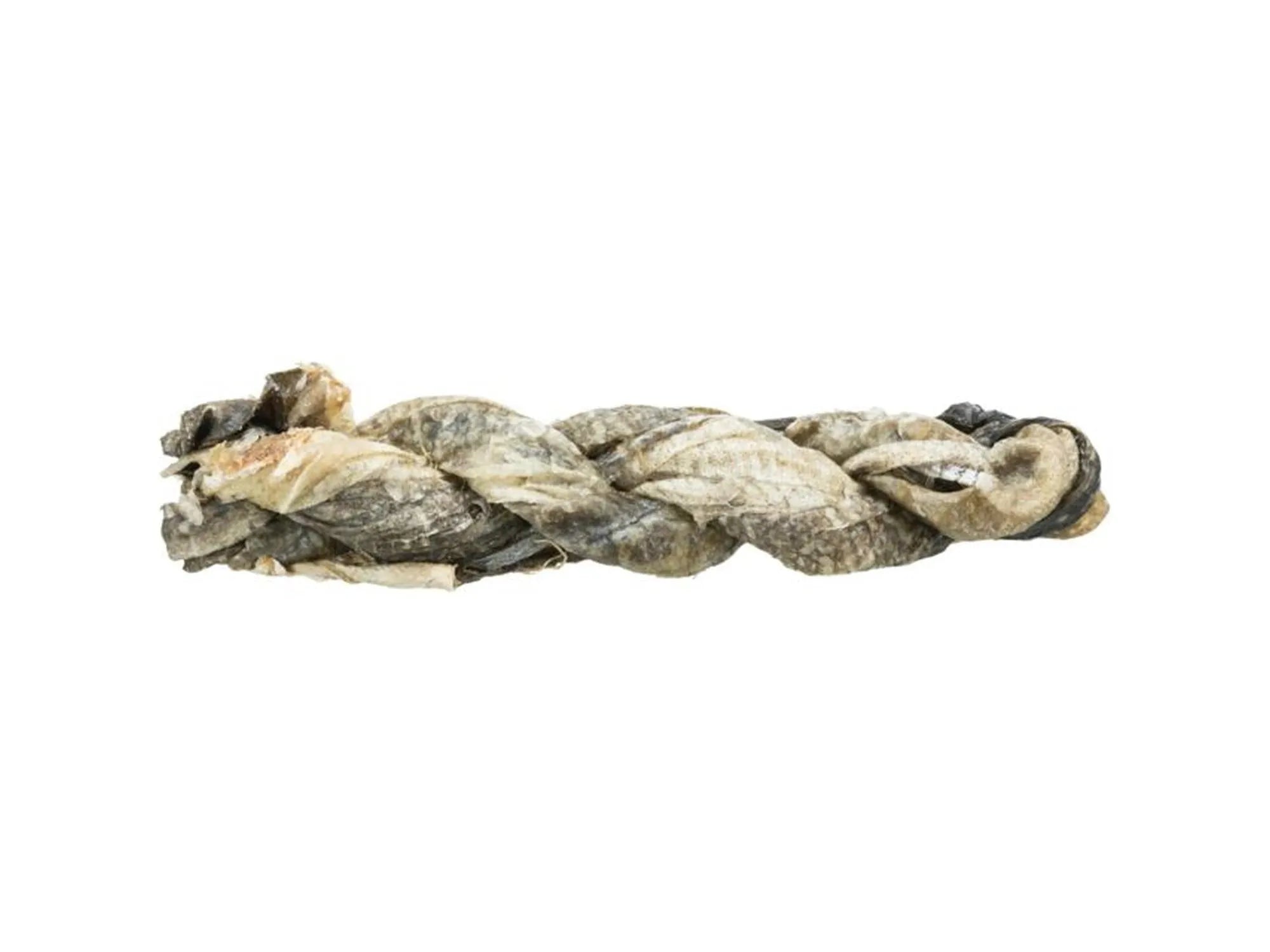 Lang, flettet hundegodbit av tørket hvit fiskeskinn i naturlige grå og beige toner.
