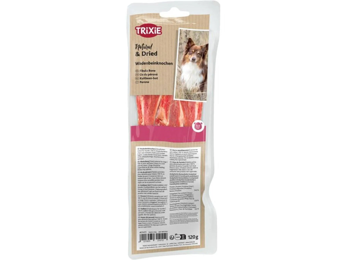 Trixie Natural & Dried svine leggbein for hund, 3 stk, 120g, i klar plastemballasje med hundebilde.