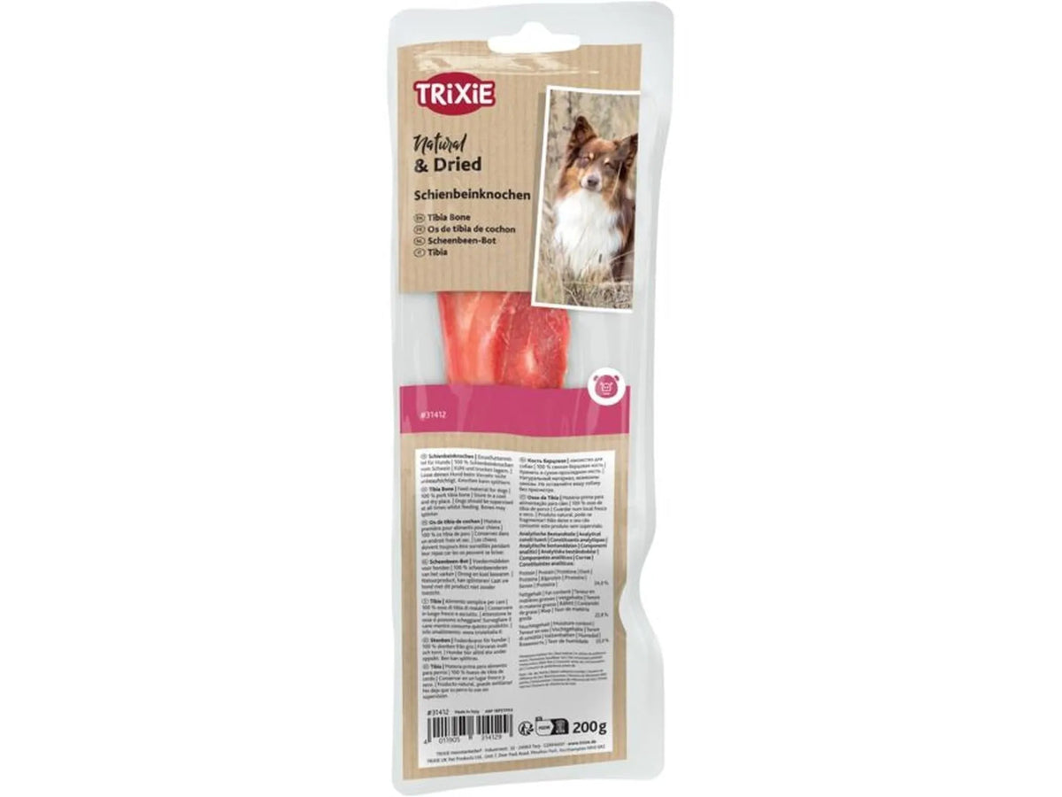 Trixie Svine Skinnbein 200g, tørket svineskinn i hvit og rosa emballasje med hundebilde.