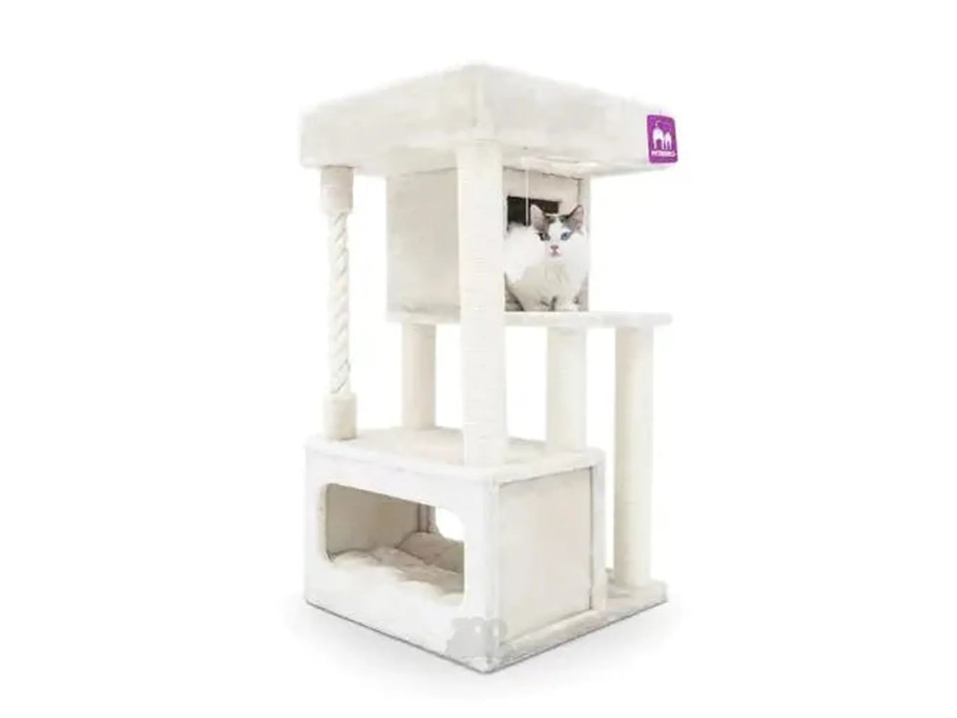 Sweet Petit Lodge 107 cat tree in cream with sisal scratching posts, multiple levels, two sleeping houses, and a top bed.