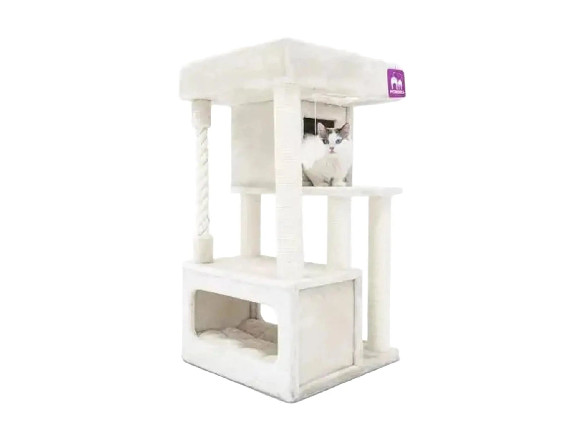 Sweet Petit Lodge 107 cat tree in cream with sisal scratching posts, multiple levels, two sleeping houses, and a top bed.