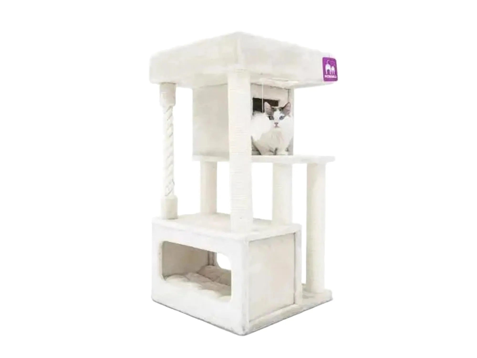 Sweet Petit Lodge 107 cat tree in cream with sisal scratching posts, multiple levels, two sleeping houses, and a top bed.