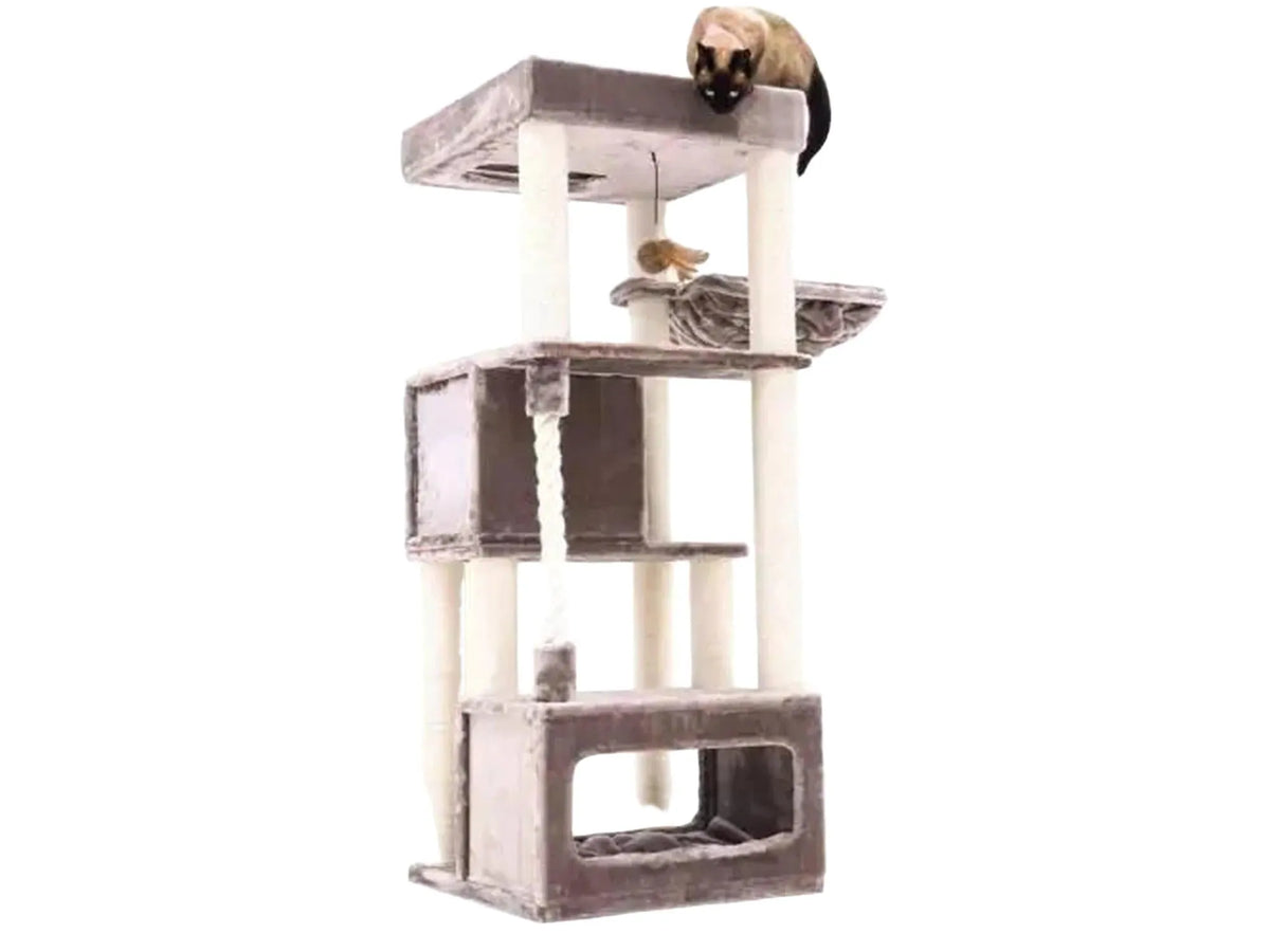 Grått Petrebels Sweet Petit Lodge 150 kloretre med flere nivåer, sovehus, hengekøye og en katt på toppen.
