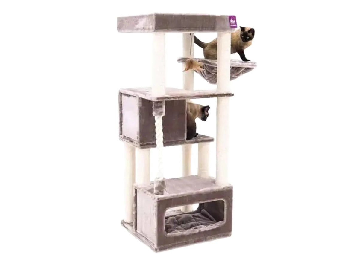 Sweet Petit Lodge 150 cat tree in grey with two cats, multiple levels, sisal posts, and beds.