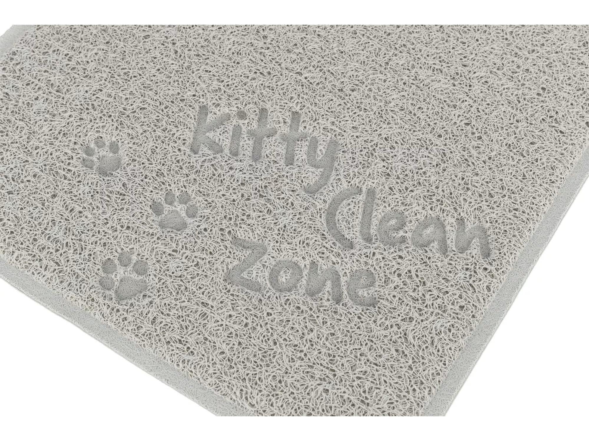 Grå TRIXIE Clean Zone PVC kattesandmatte (37x45 cm) med "Kitty Clean Zone" tekst og potespor.