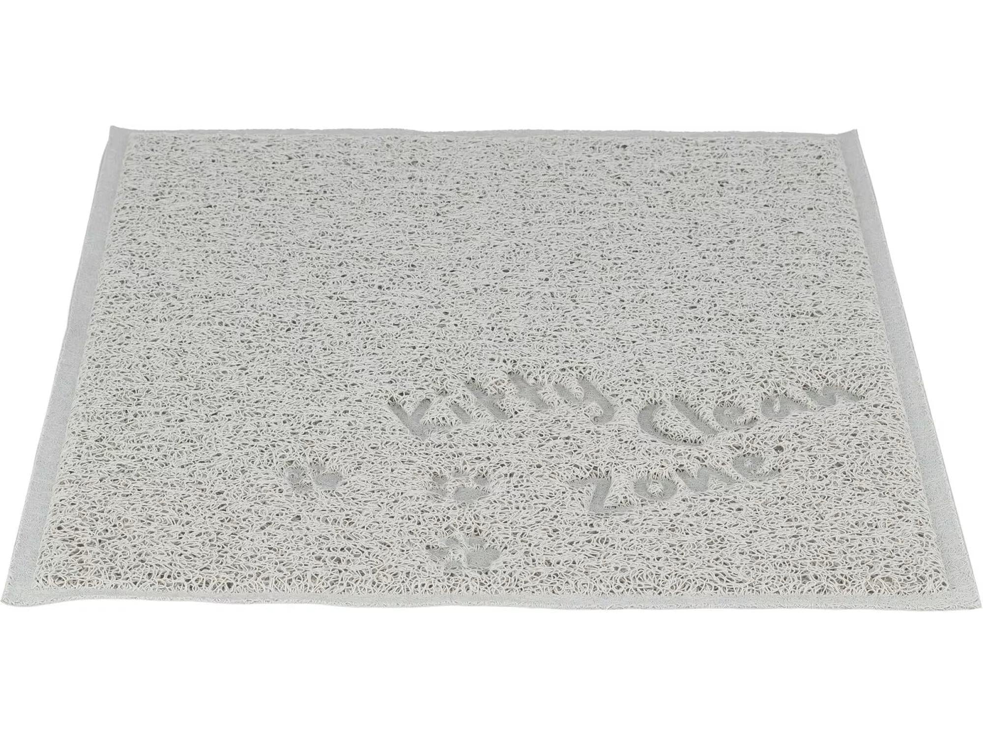 Lys grå TRIXIE Clean Zone kattebakkematte i PVC, 37x45 cm, med sklisikker underside og tekst "Kitty Clean Zone".