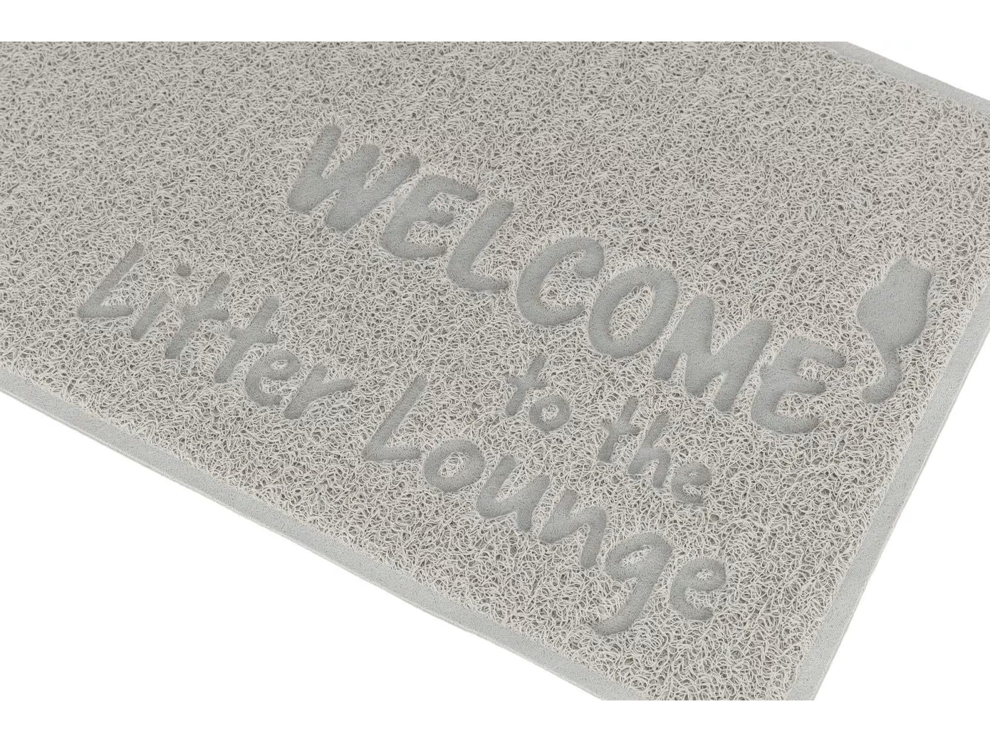 Grå TRIXIE Litter Lounge PVC kattesandmatte 40x60 cm med "WELCOME to the Litter Lounge" tekst og kattepotespor.