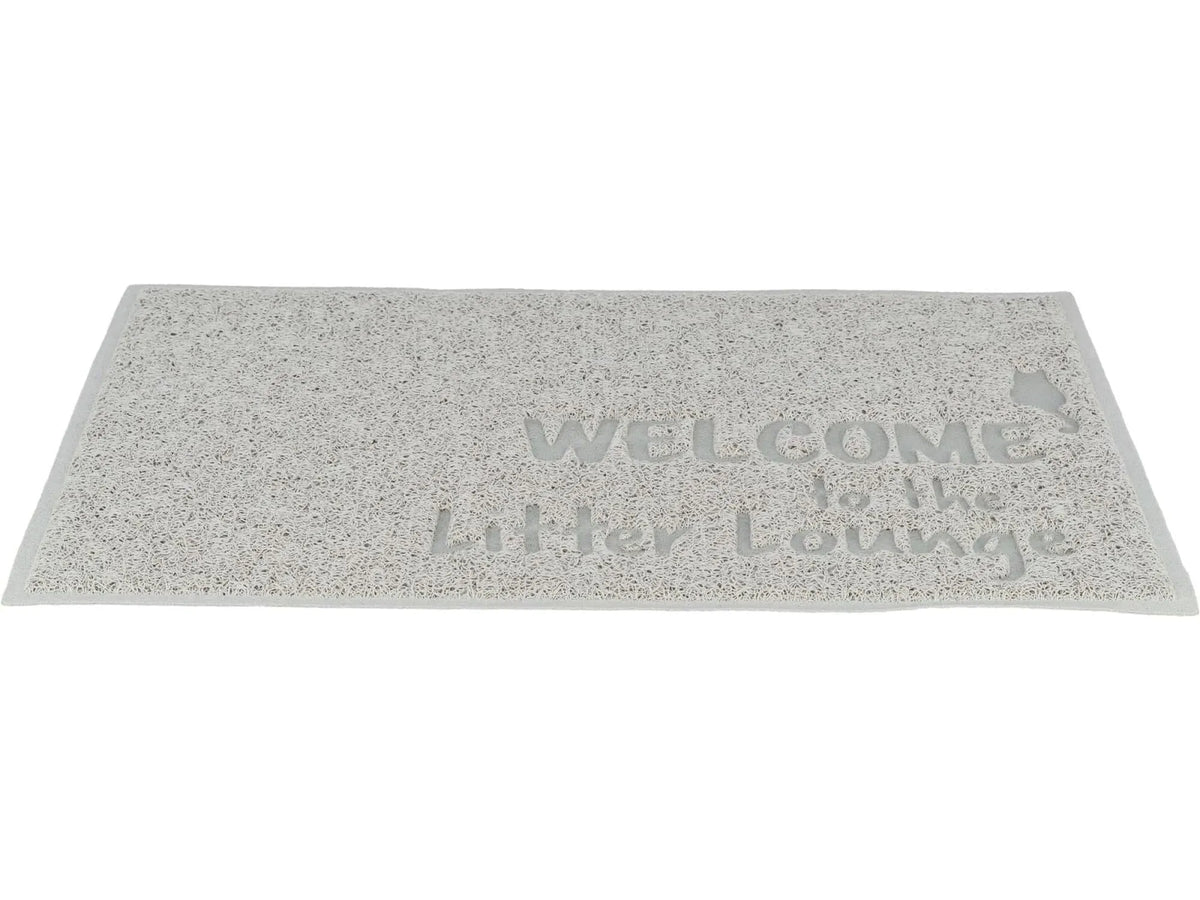 TRIXIE Litter Lounge kattebakkematte i lys grå PVC, 40x60 cm, med "Welcome to the Litter Lounge" tekst og kattehode.