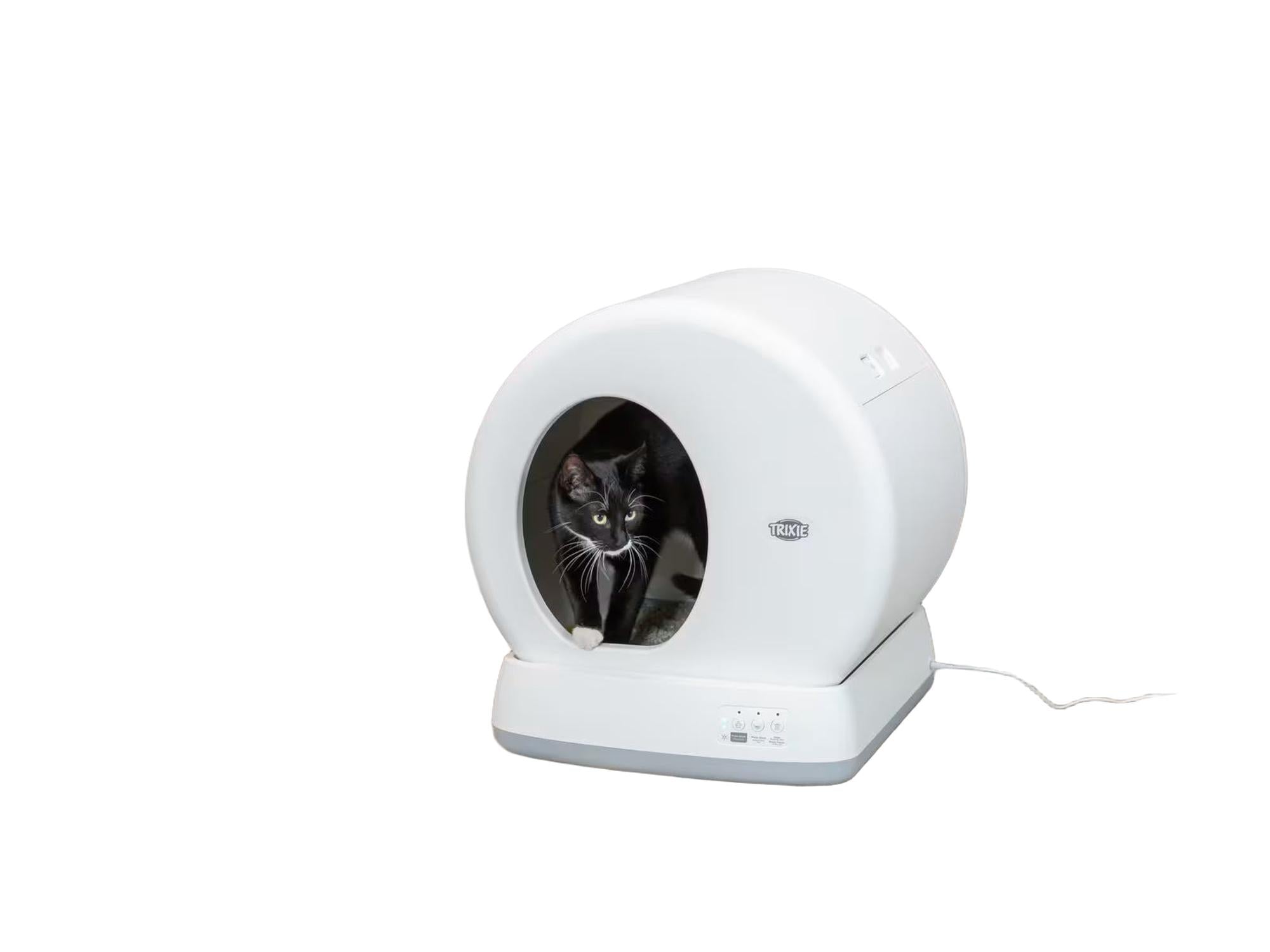 Svart katt i en hvit, automatisk TRIXIE selvrensende kattedo med trommeldesign på tregulv.