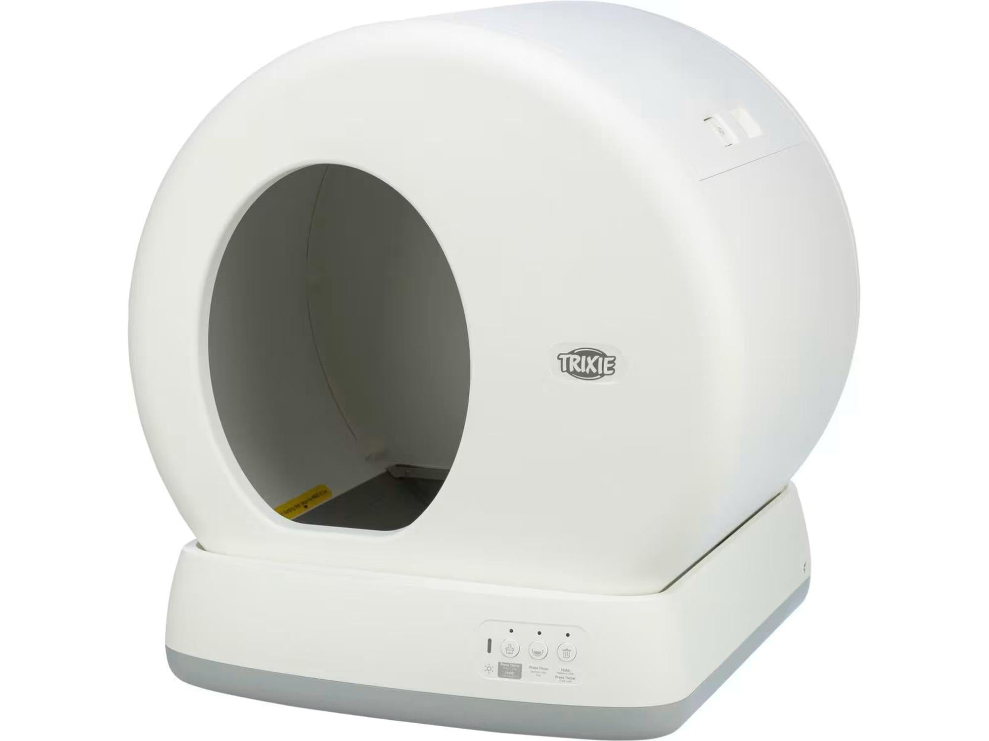 TRIXIE automatisk selvrensende kattedo i hvit plast med grå base og frontinngang.