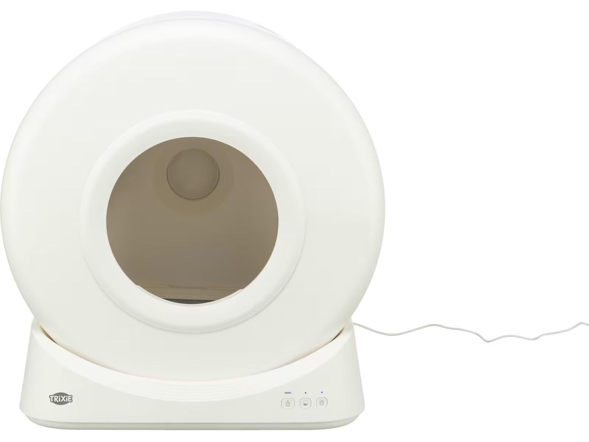 TRIXIE Smart selvrensende kattedo i hvit plast med rund inngang og kontrollpanel.