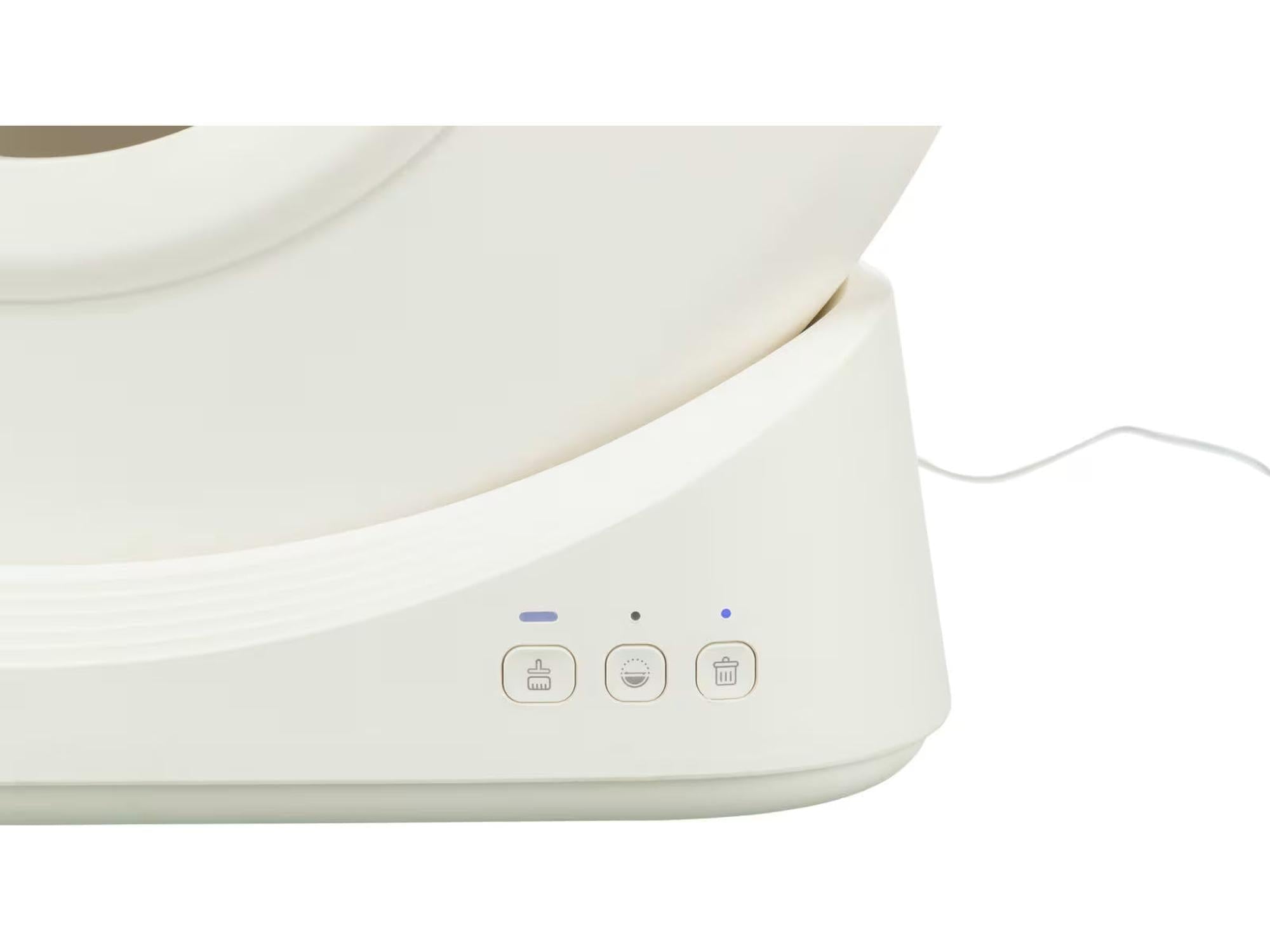 Nærbilde av TRIXIE Smart selvrensende kattedo i kremhvit plast, med kontrollpanel og blå LED-indikatorer.