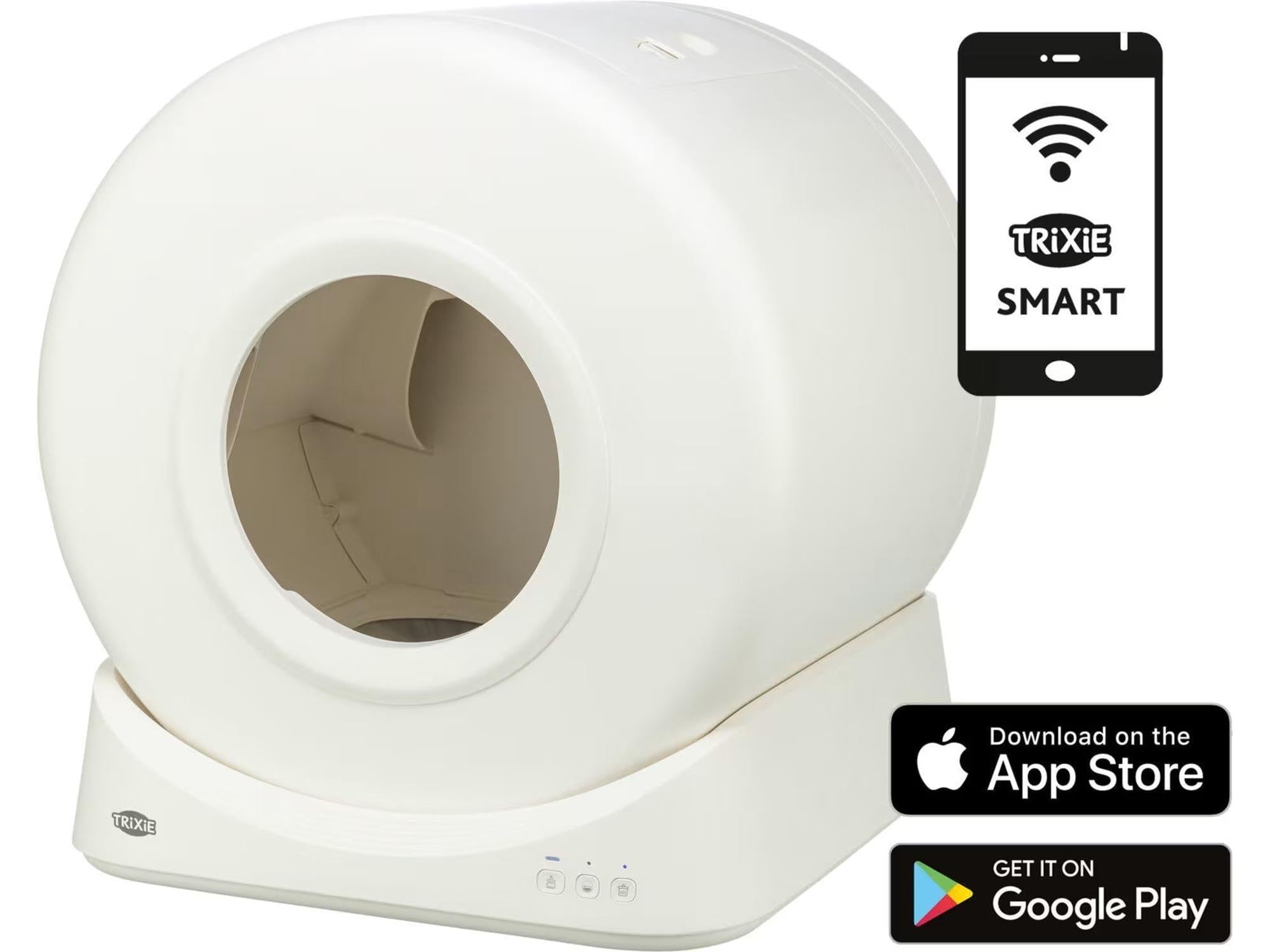 TRIXIE Smart selvrensende kattedo i hvit plast med app-styring og app-nedlastingsikoner.