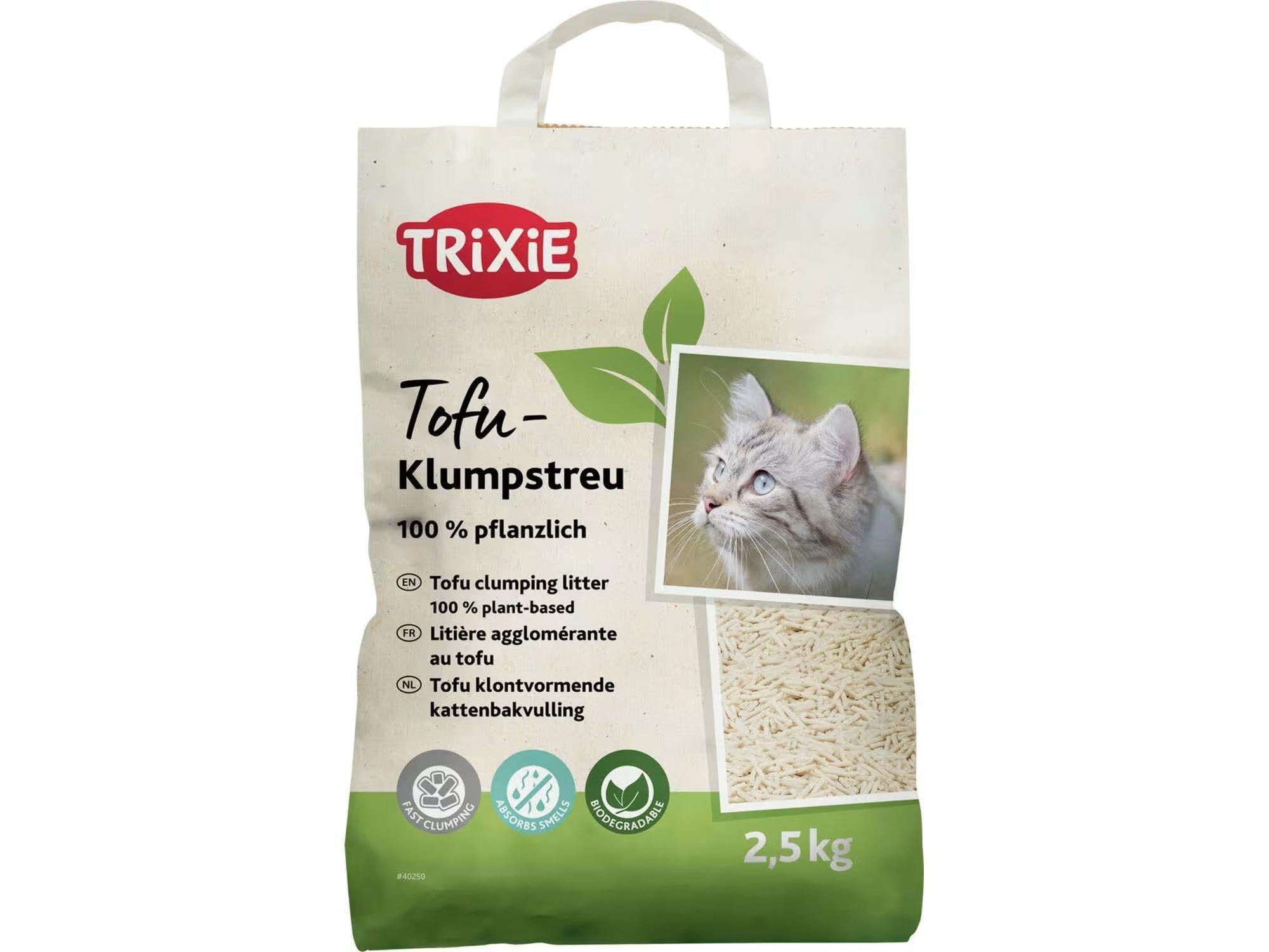 TRIXIE Tofu Klumpstreu kattsand i en hvit pose med grønn tekst, et bilde av en katt og lys tofu-sand.