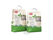 To TRIXIE Tofu Klumpstreu kattesandsposer i kremhvit og grønt, med bilde av en katt og tofu-sand.