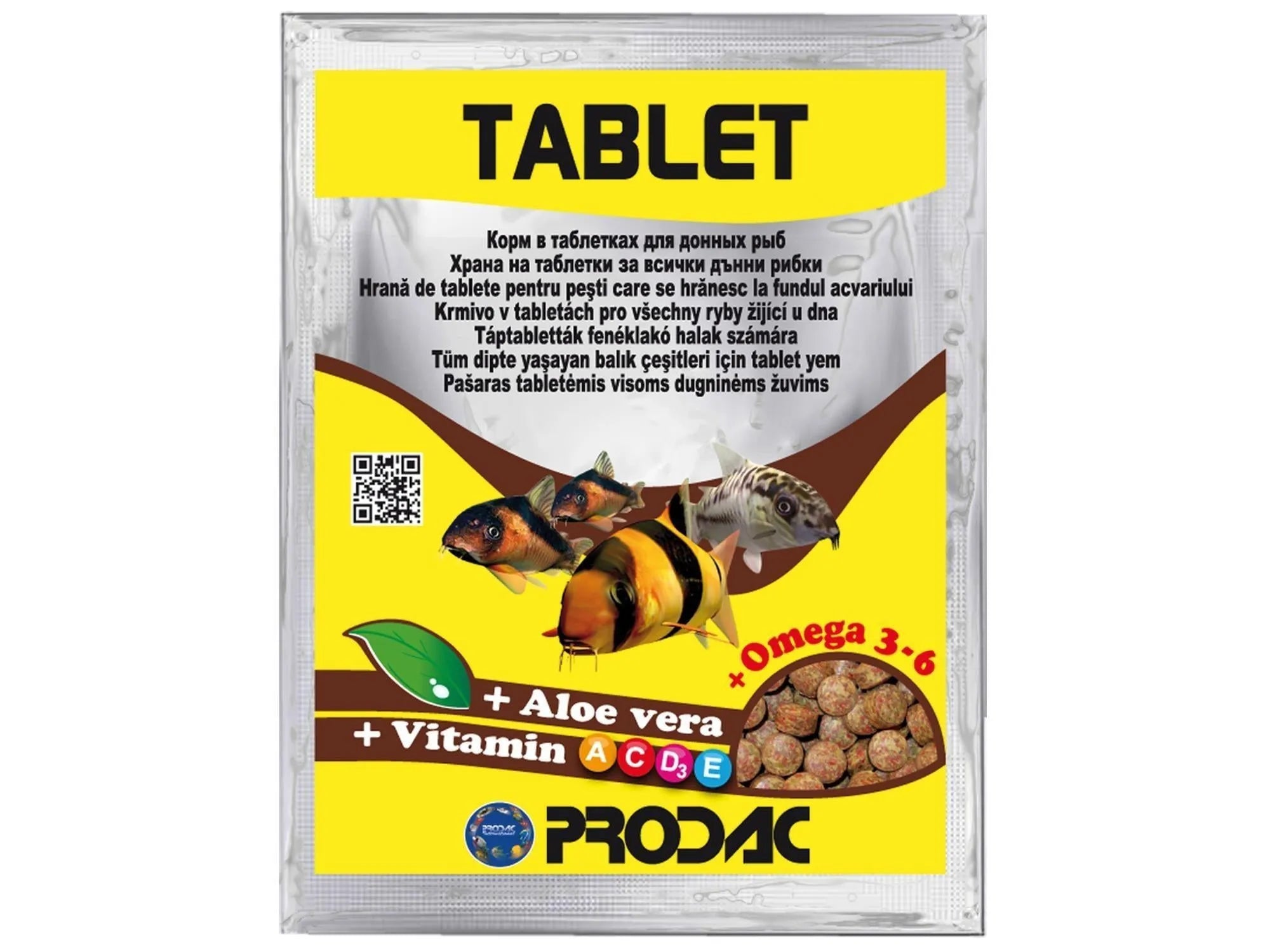 Prodac Tablet fiskefôr i gul og brun pose med fisk, aloe vera, vitaminer, og Omega 3-6.