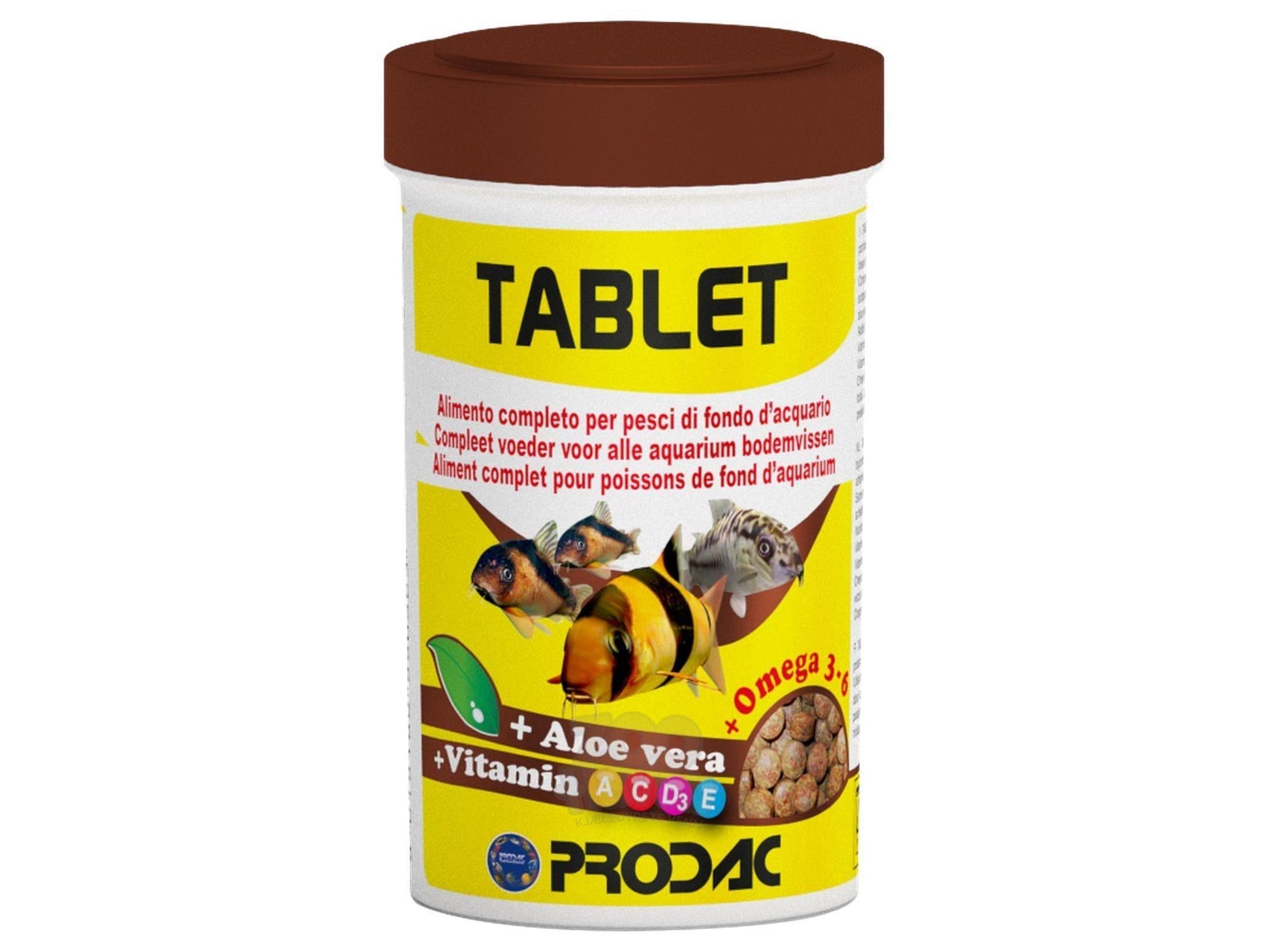 Hvit Prodac Tablet fiskefôrbeholder med brun kork, illustrasjoner av fisk og næringsstoffer.
