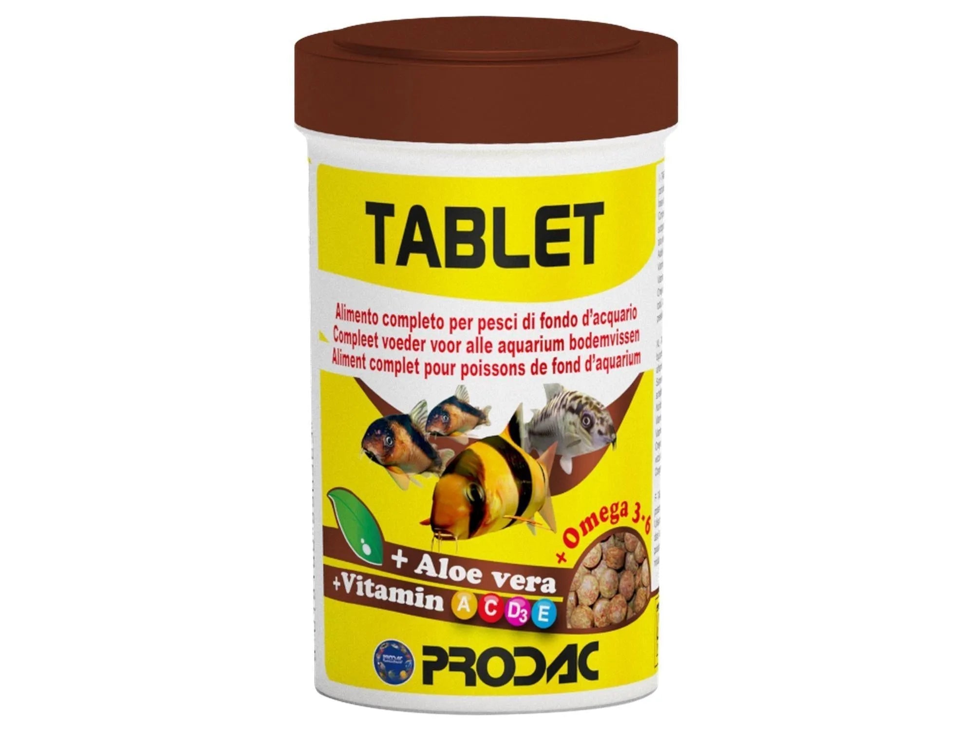 Hvit Prodac Tablet fiskefôrbeholder med brun kork, illustrasjoner av fisk og næringsstoffer.