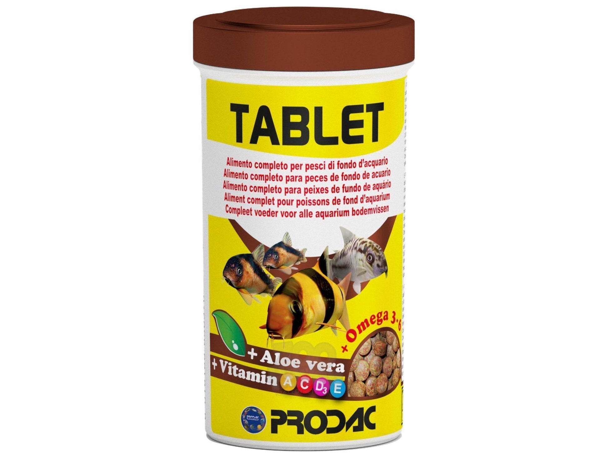 Prodac Tablet fiskefôr i hvit beholder med brunt lokk, illustrasjoner av fisk og ingredienser.