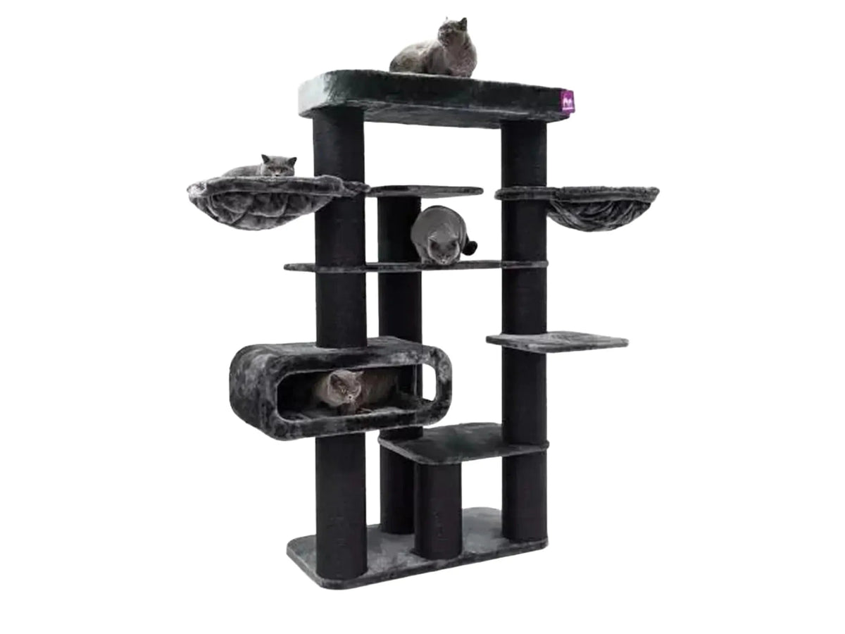Petrebels Rebels Norwegian 198 cat tree in dark gray with sisal posts, multiple platforms, hammocks, and a cave, with four cats.