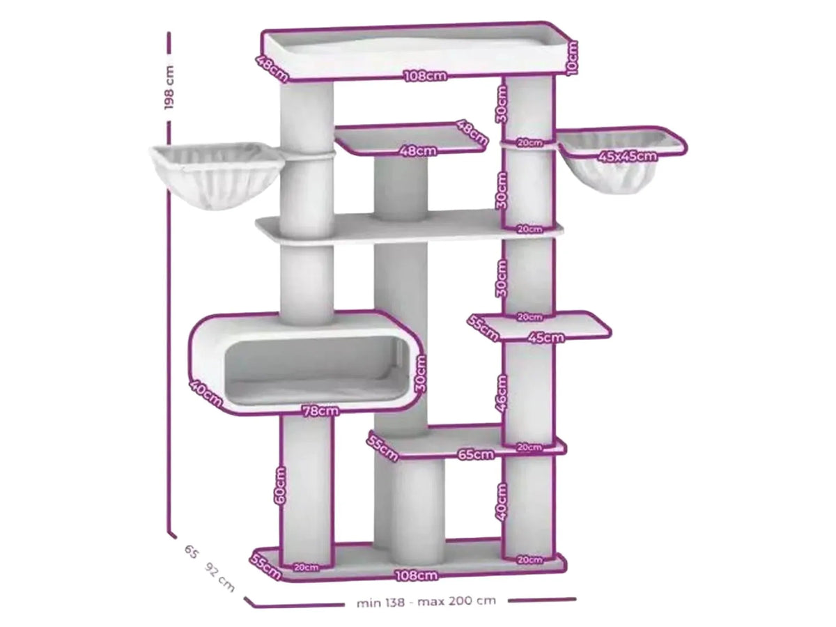 Off-white Petrebels Norwegian 198 cat tree with multiple platforms, sisal scratching posts, and beds.