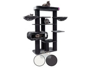 Petrebels The Rebels Norwegian 198 cat tree in dark gray with three cats, sisal scratching posts, and multiple platforms.