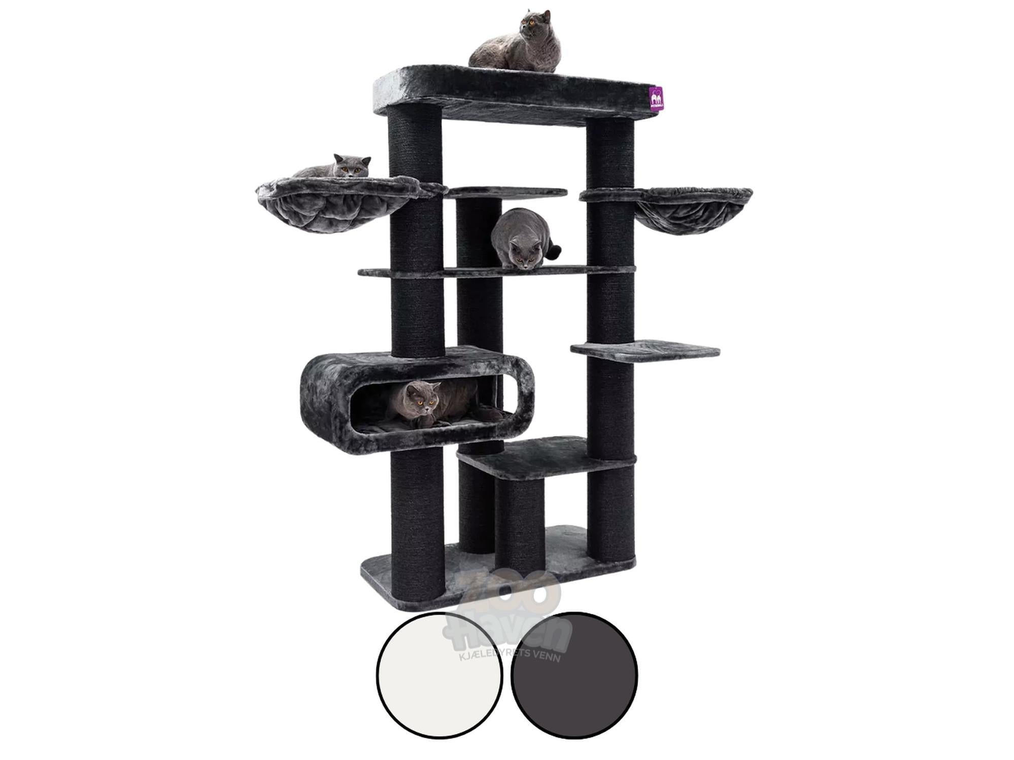 Petrebels The Rebels Norwegian 198 cat tree in dark gray with three cats, sisal scratching posts, and multiple platforms.