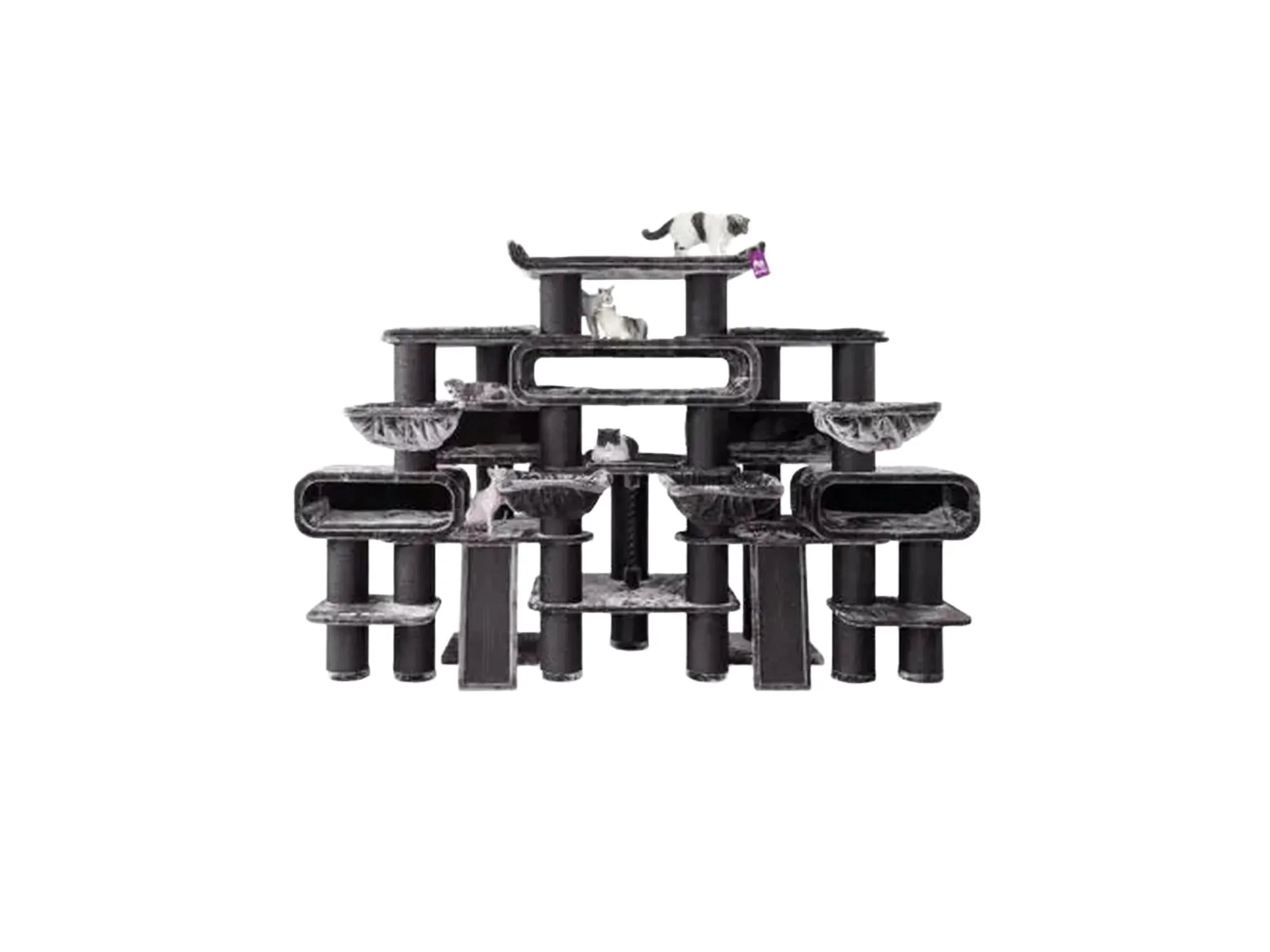 Stort, mørkegrått Petrebels Cat Tree Norwegian 200 klorestativ med flere katter, liggeflater og huler.
