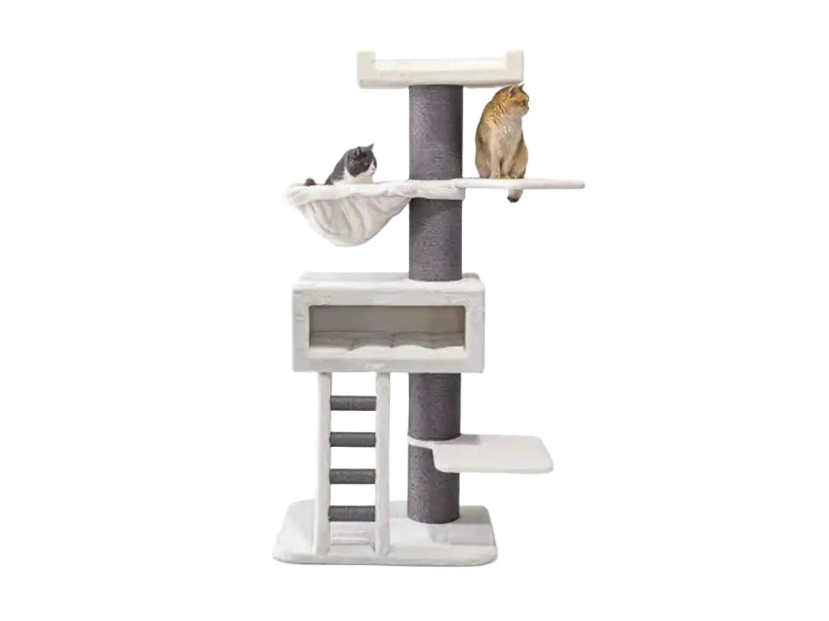 Off White Petrebels Ragdoll 179 kloretre for store katter med sisalstolper, hengekøye og to katter.