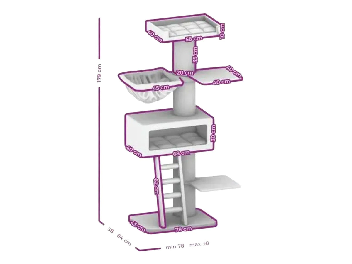 Off-white Petrebels Ragdoll 179 cat tree with sisal scratching posts, bed, hammock, and dimensions.
