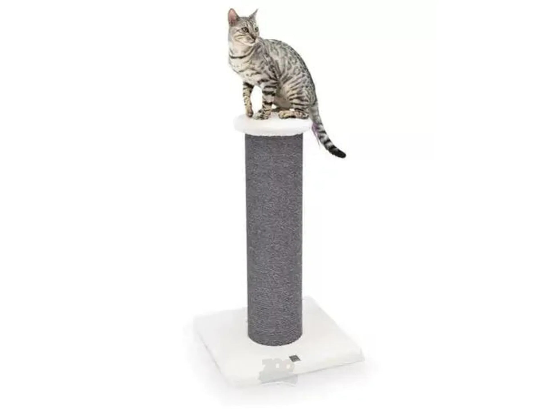 Grå og hvit Petrebels Savannah 86 klorestativ med tykk sisalstolpe og stor base, med en katt på toppen.