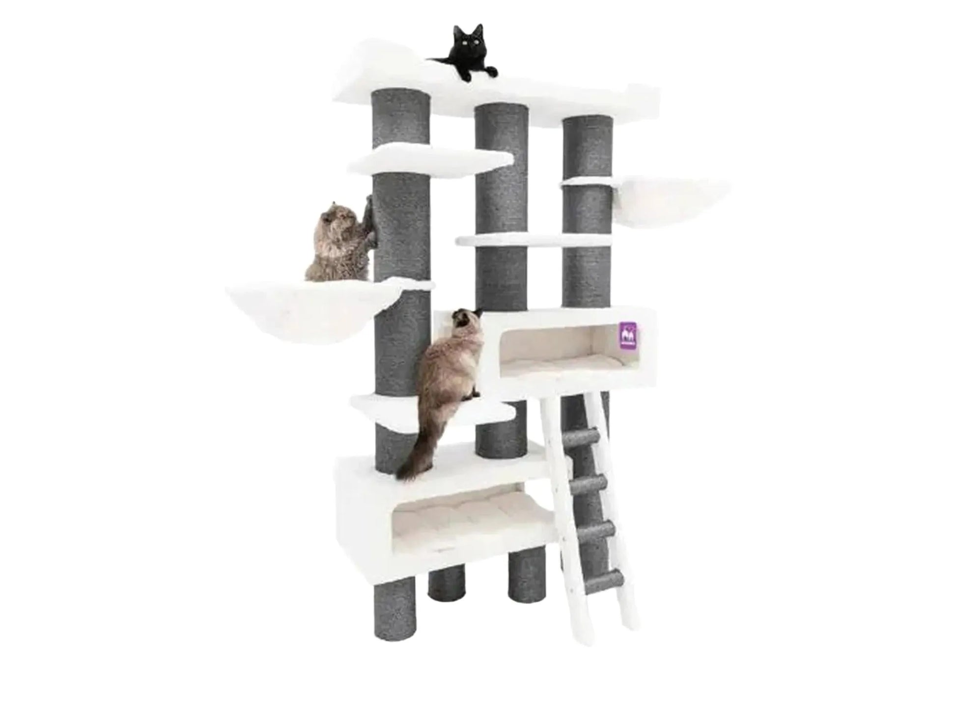 Off-white Petrebels Siberian 200 cat tree with sisal scratching posts, multiple platforms, and three cats.