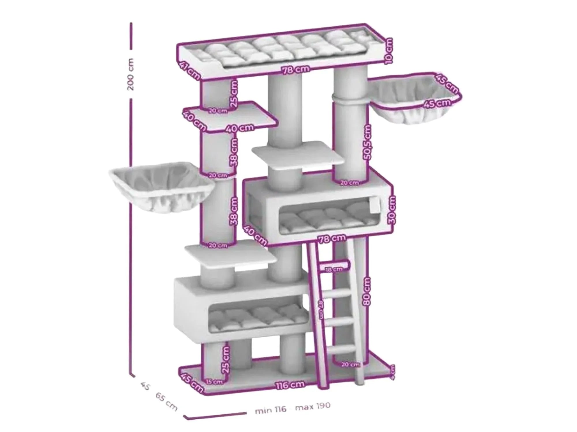Off-white Petrebels Siberian 200 cat tree with multiple levels, sisal scratching posts, and cozy beds.