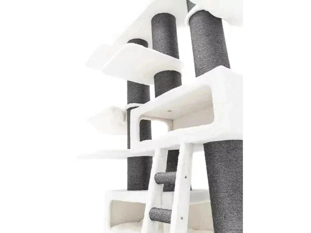 Off-white Petrebels Siberian 200 cat tree with dark gray sisal scratching posts and multiple platforms.