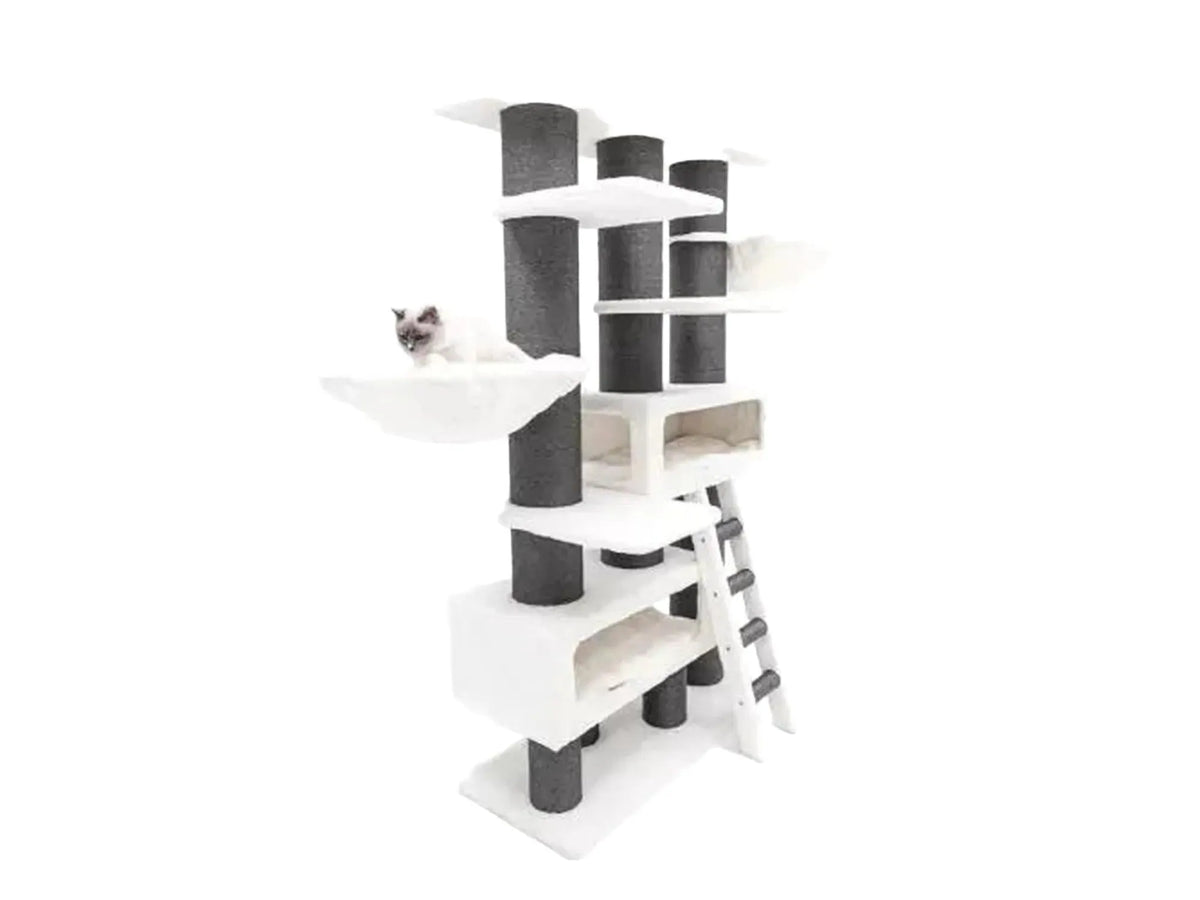 Off-white Petrebels Siberian 200 cat tree with dark sisal posts, multiple levels, hammocks, and a cat.