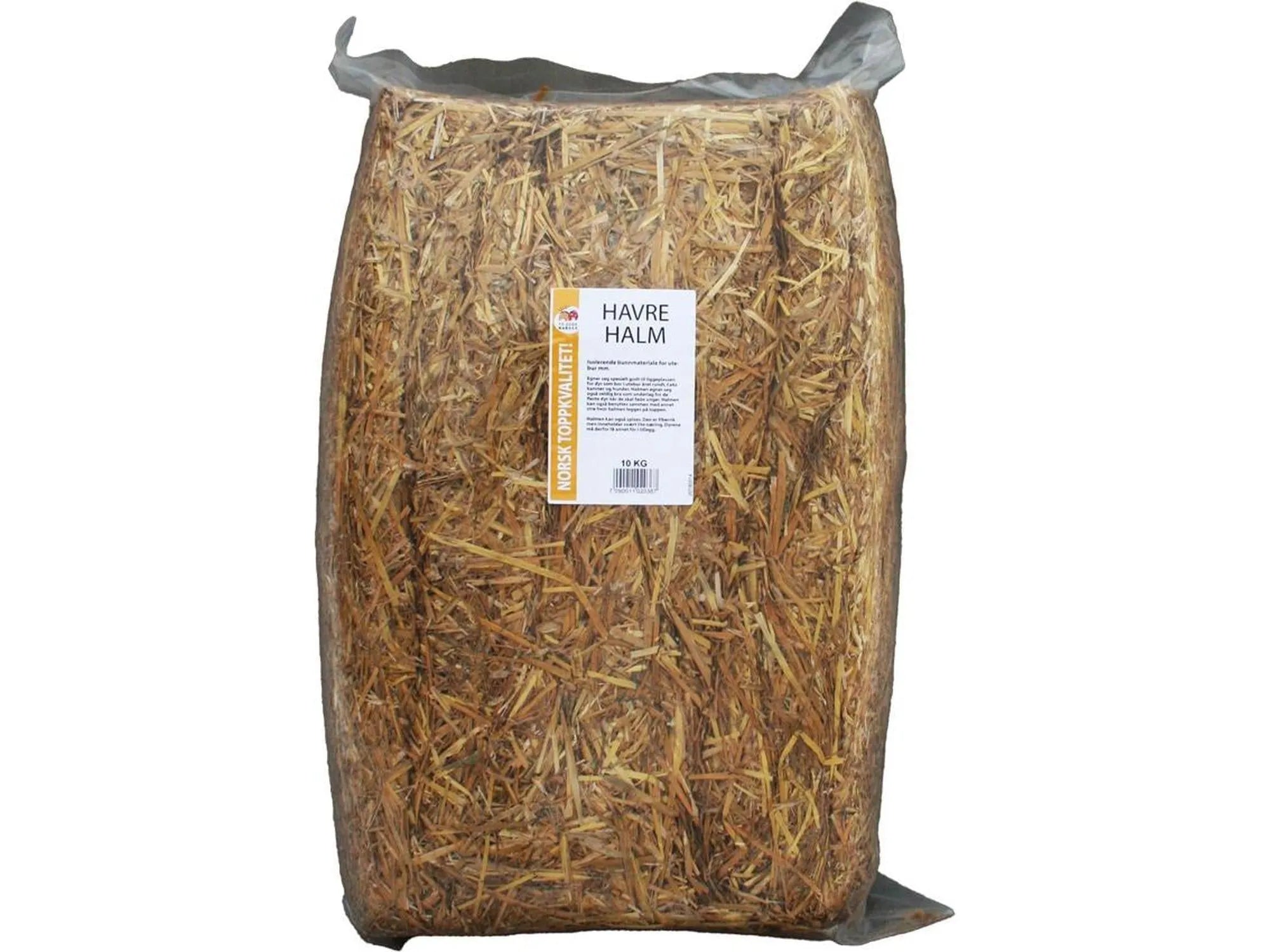 Stor, gjennomsiktig plastsekk med 10 kg gyllenbrun havrehalm, med etikett for "HAVRE HALM".