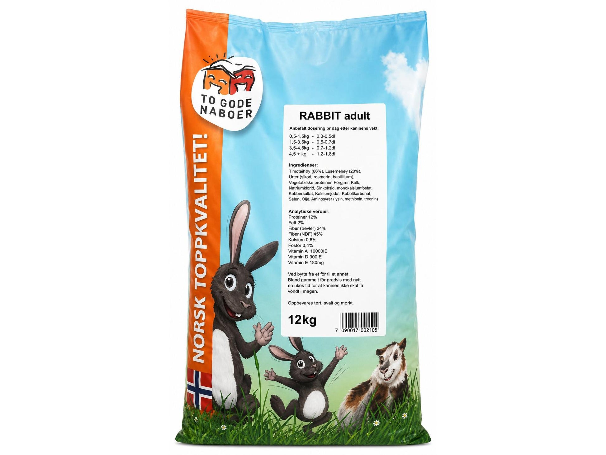 12 kg pose med To Gode Naboer Rabbit Adult Light kaninpellets med illustrasjon av kaniner på blå og oransje bakgrunn.