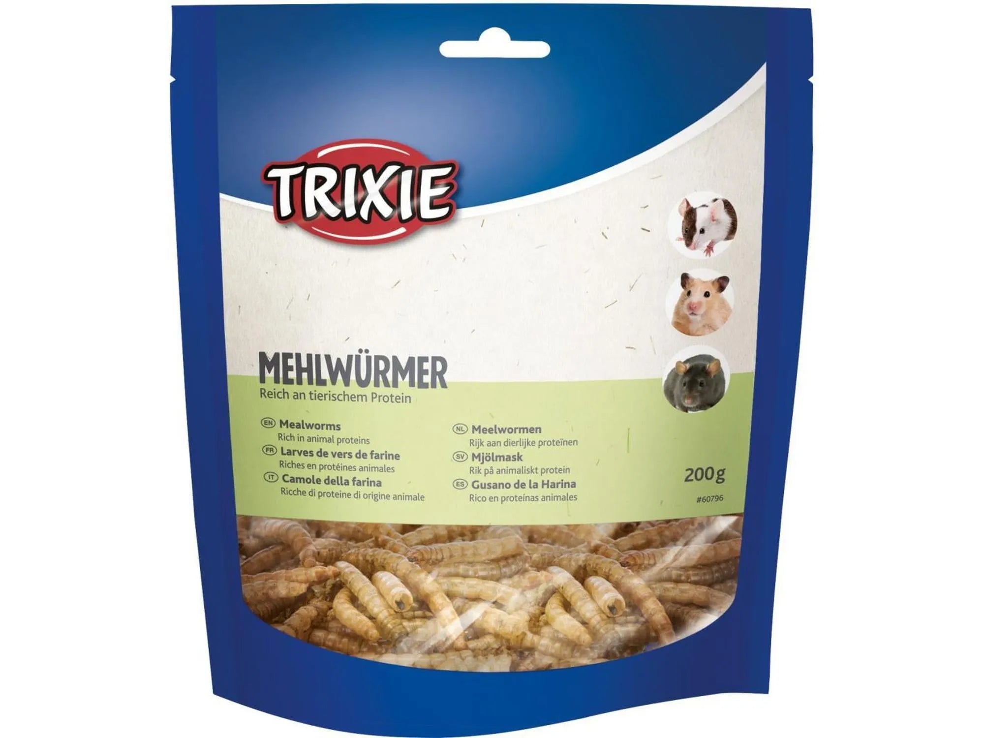 Trixie tørkede melormer for gnagere, 200g, i blå og hvit pose med bilder av hamster, mus og rotte.