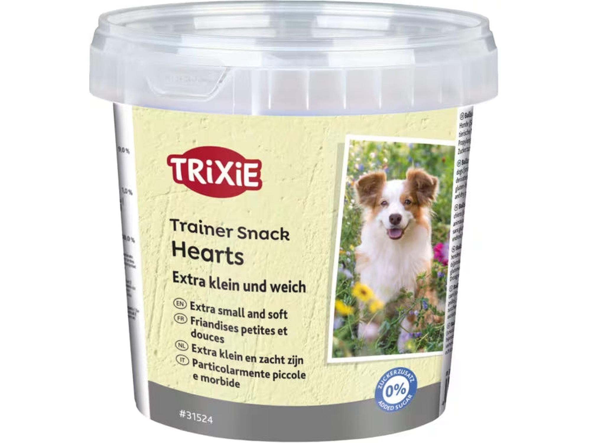 Trixie Trainer Snack Hearts hundegodbiter i klar plastbøtte med bilde av en hund.
