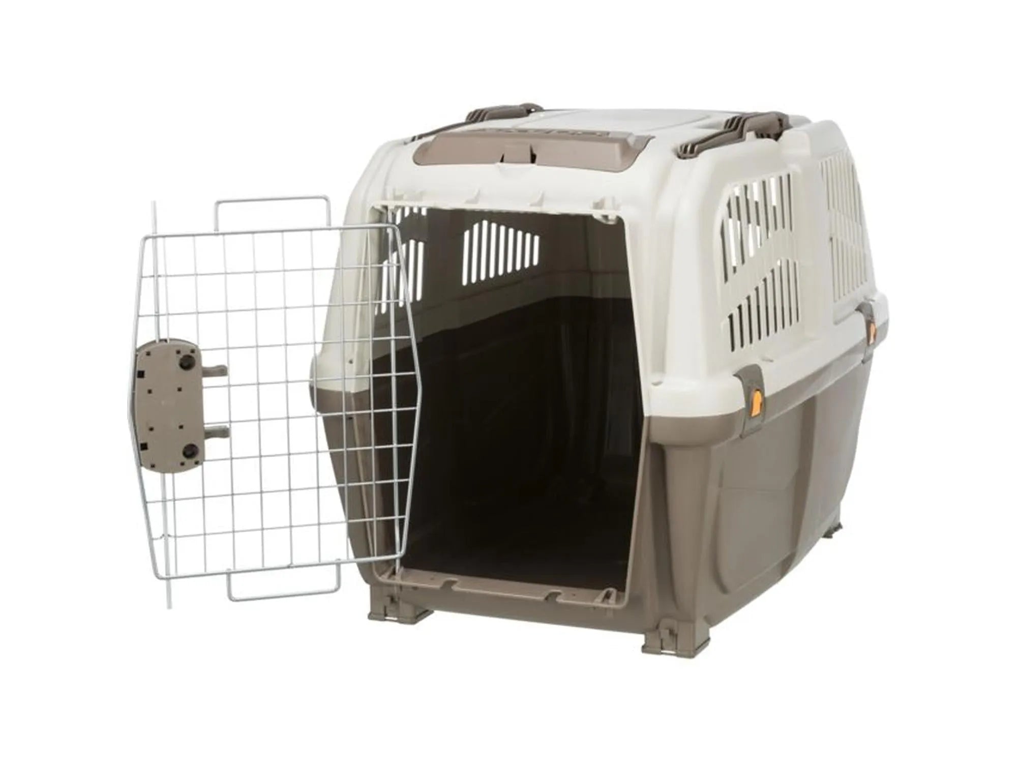 Taupe/sand Skudo 4 transportbur i plast med metallgitterdør, ventilasjon og håndtak.