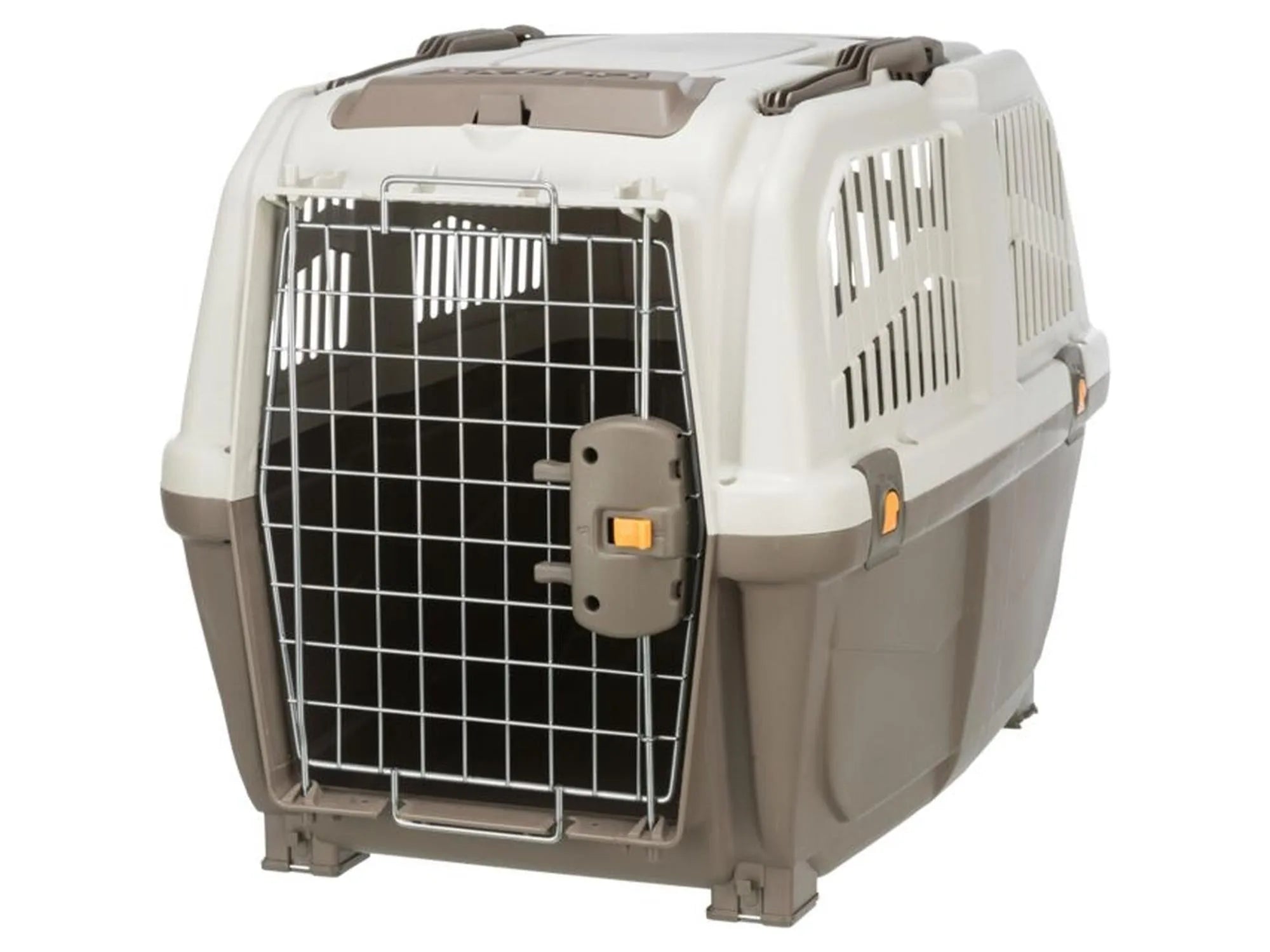 Taupe/sand Skudo 4 transportbur i plast med metallgitterdør og ventilasjon for hund/katt.