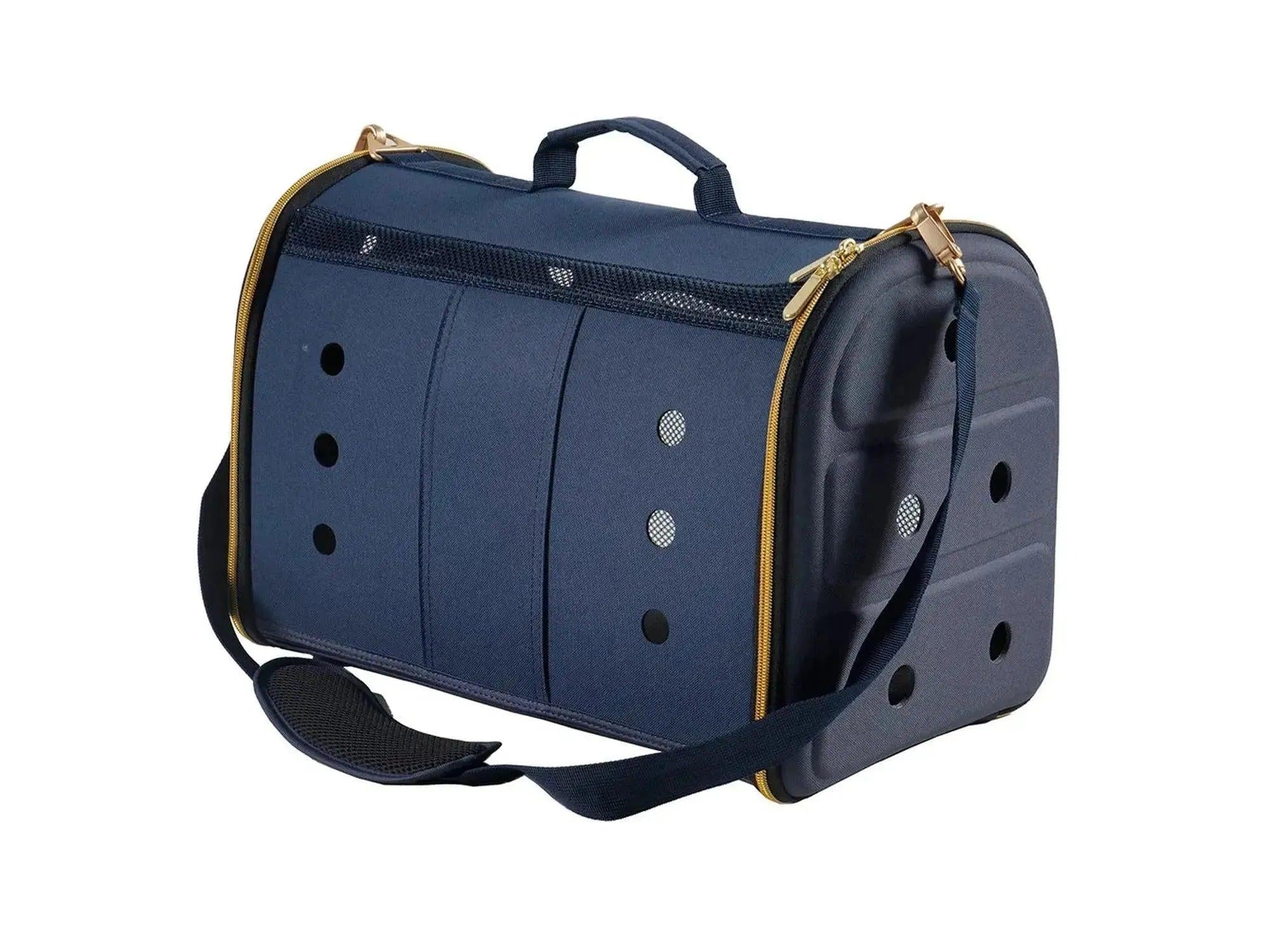 Blå transportveske for hund og katt, 46x27x31 cm, med ventilasjon, glidelåser og skulderstropp.