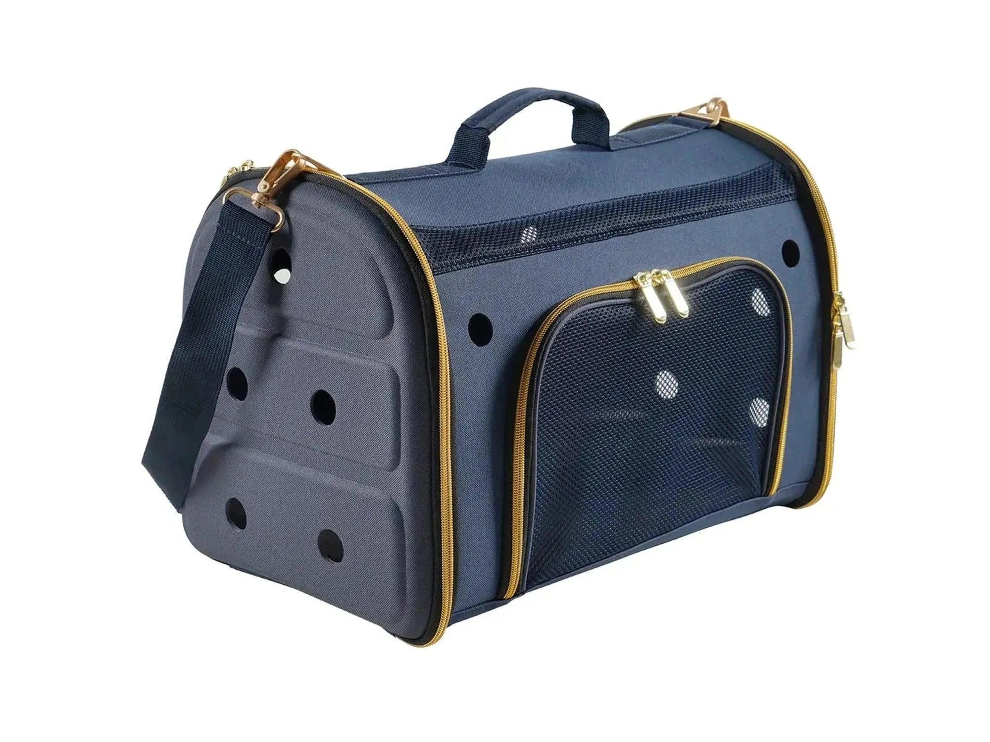 Blå transportveske for hund og katt, 46x27x31 cm, med nettingvinduer, ventilasjonshull og gullglidelåser.