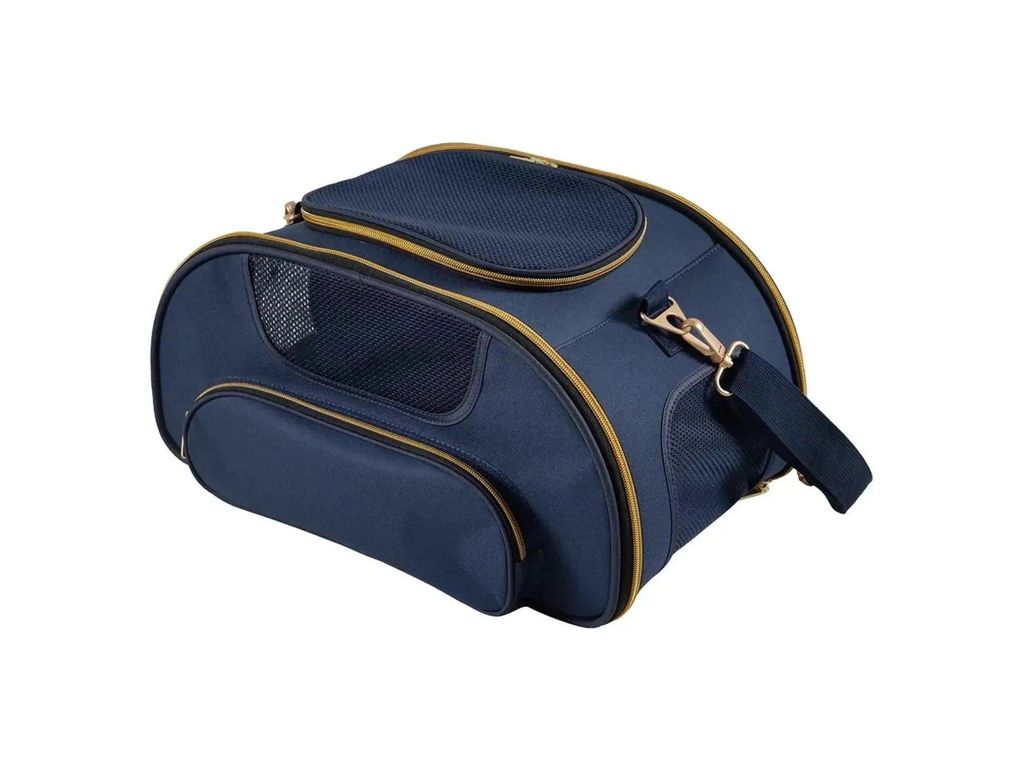 Blå transportveske til hund med gule glidelåser, mesh-paneler og skulderstropp.