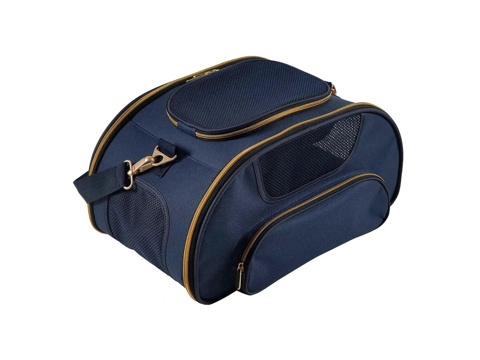Blå transportveske til hund (maks 6 kg) med mesh-paneler, glidelås og gullfargede detaljer.