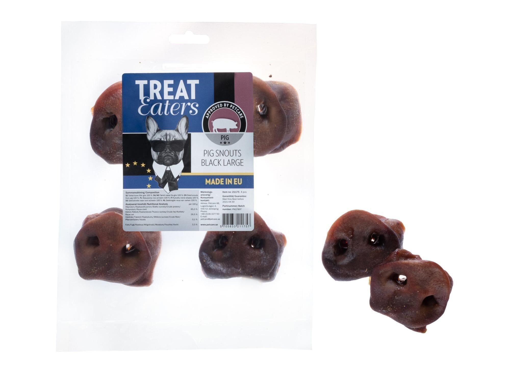 Treateaters Pig Snouts Black Large, 4 stk naturlige tyggeprodukter for hund i pakke.