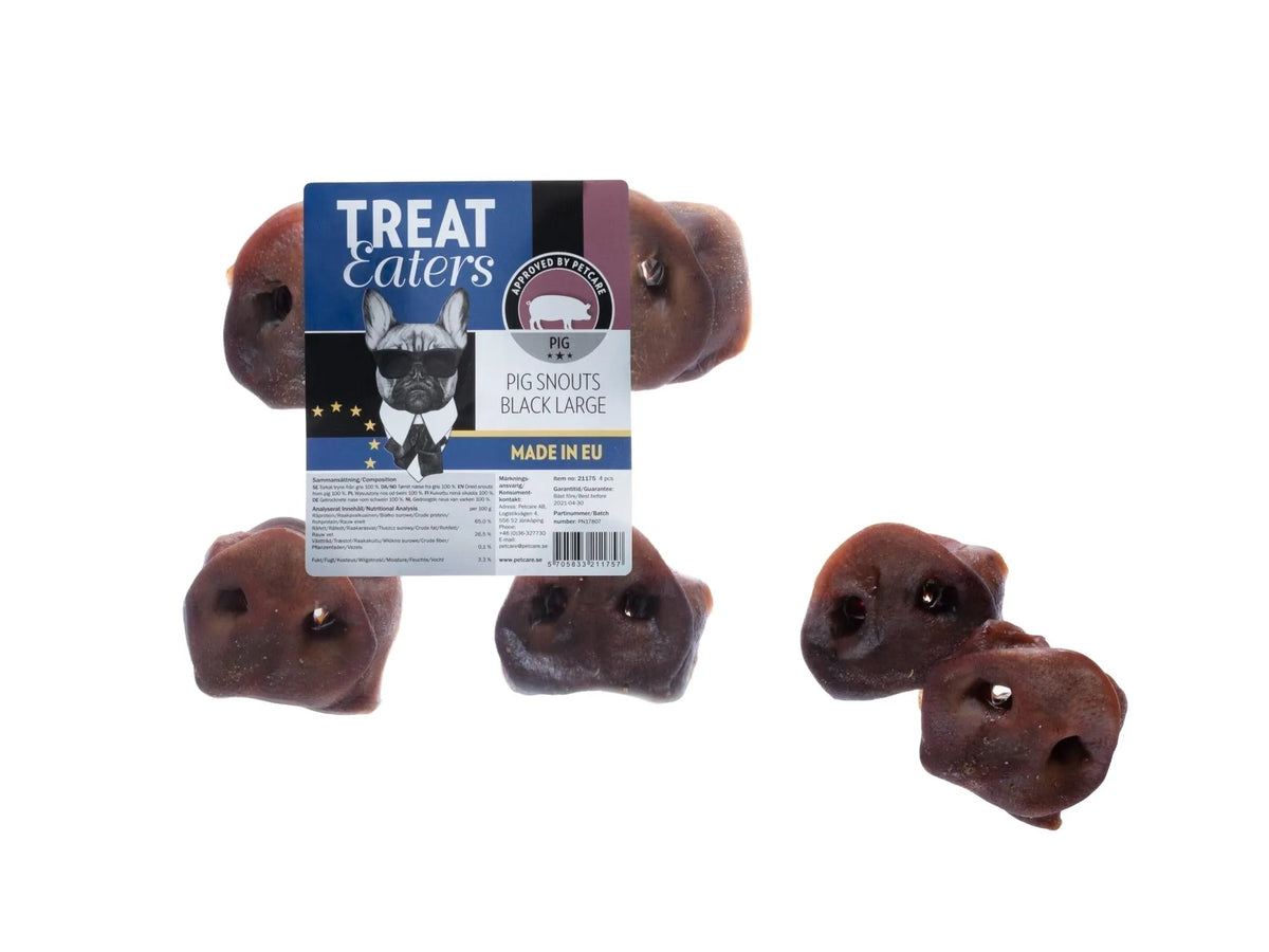 Treateaters Pig Snouts Black Large, 4 stk naturlige tyggeprodukter for hund i pakke.
