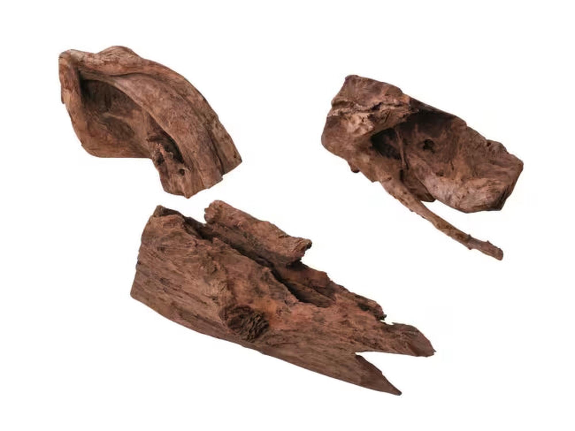 Tre mørkebrune, naturlige mangrove- og jati-røtter for akvarium, 35-55 cm.