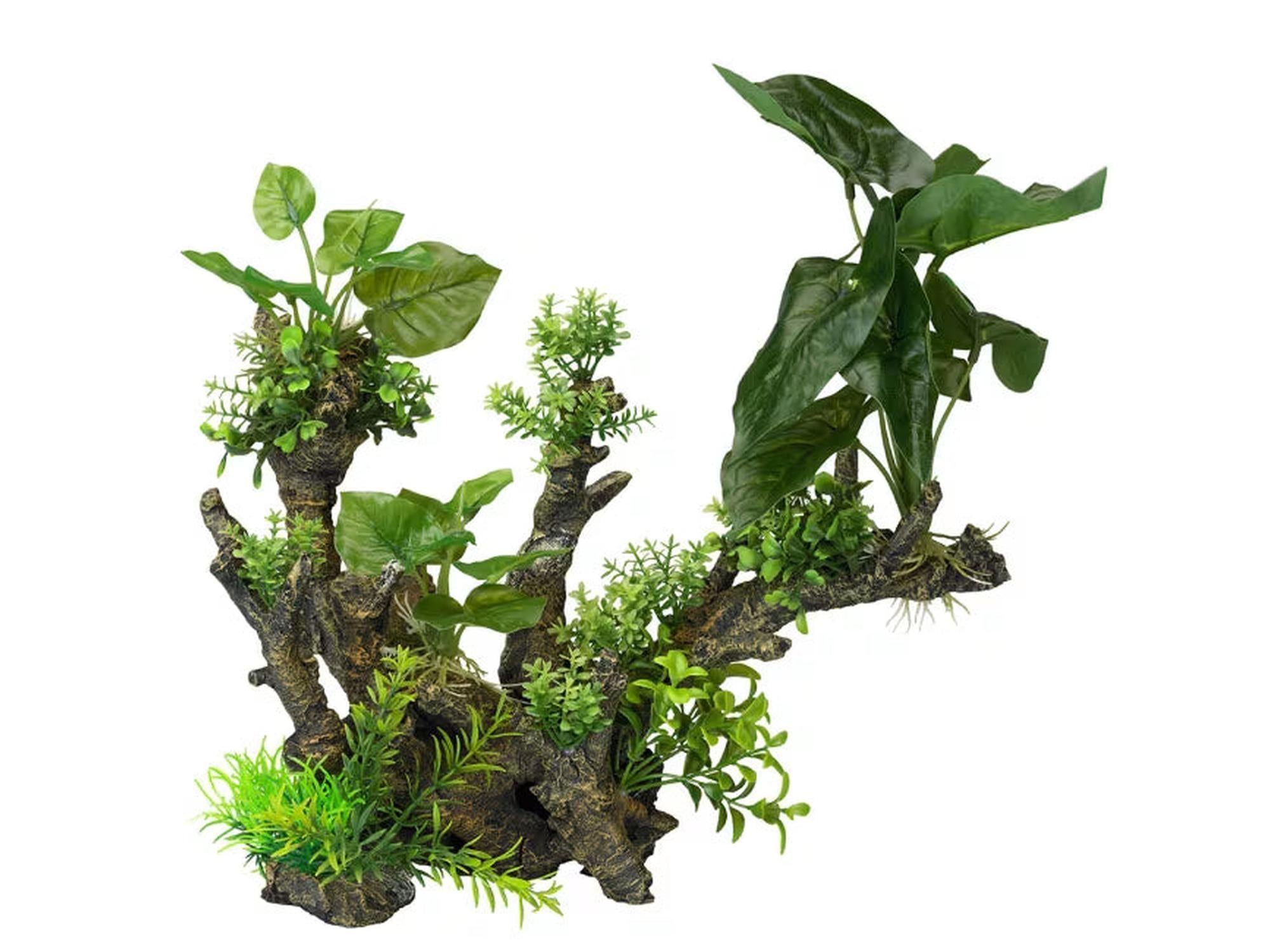 Mørk brun akvarierot i polyesterharpiks med grønne plastplanter, 33,5 cm bred.